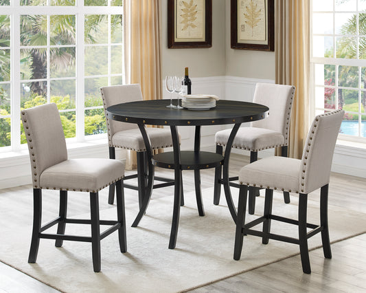 Dark wood round dining table with four upholstered counter stools