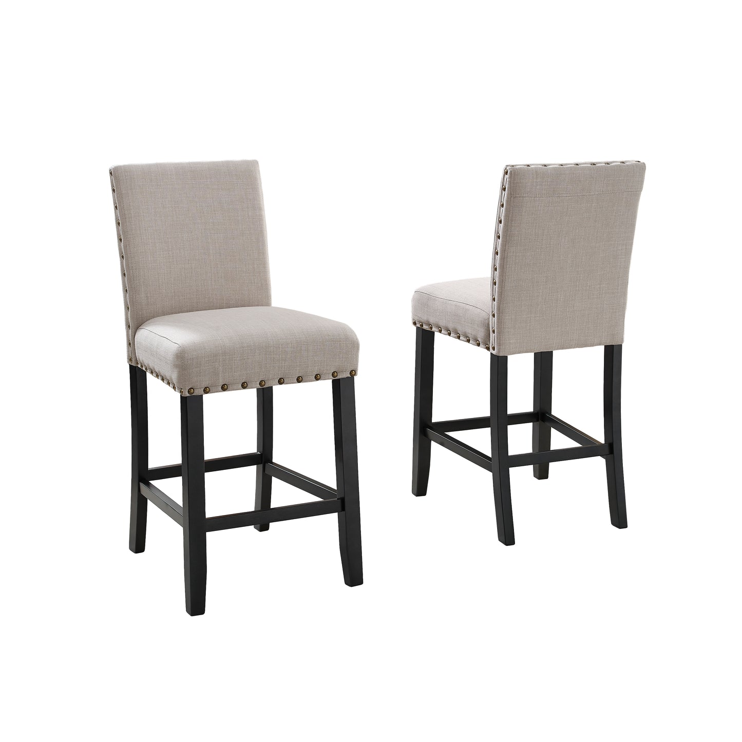Light grey upholstered bar stool with nailhead trim and dark wood legs