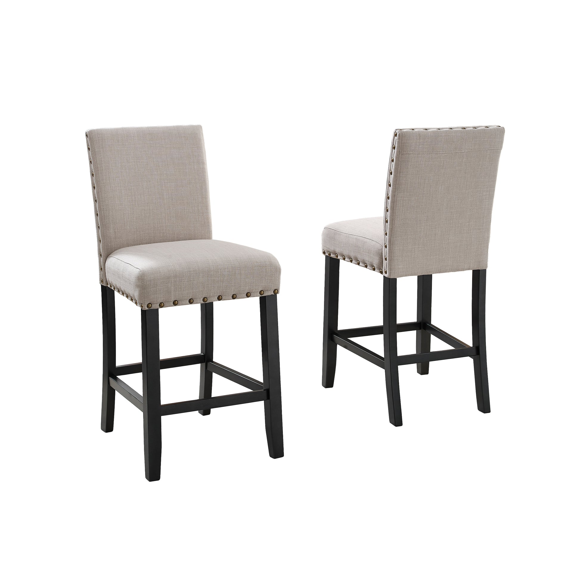 Light grey upholstered bar stool with nailhead trim and dark wood legs