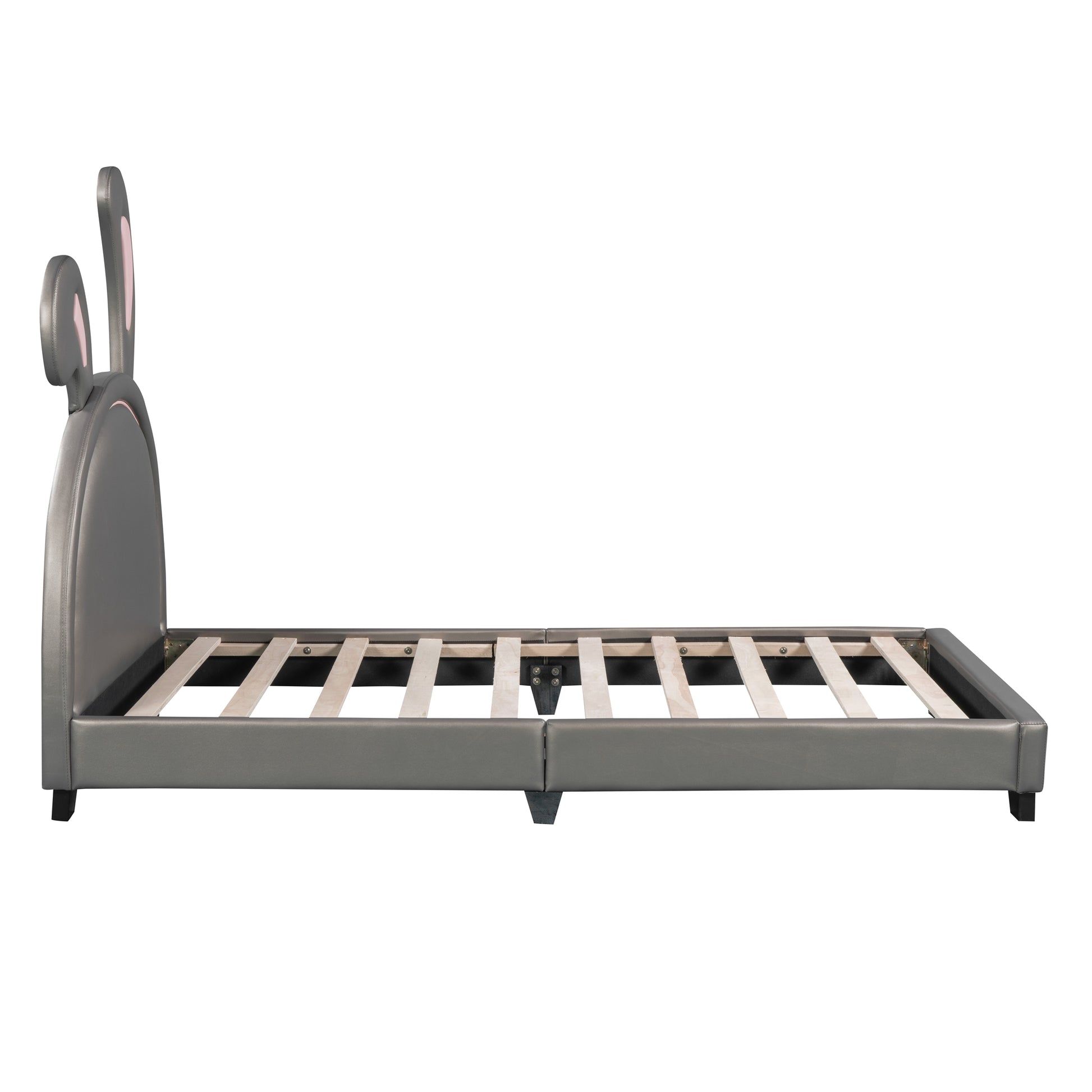 Grey faux leather twin bed frame with bunny ears headboard