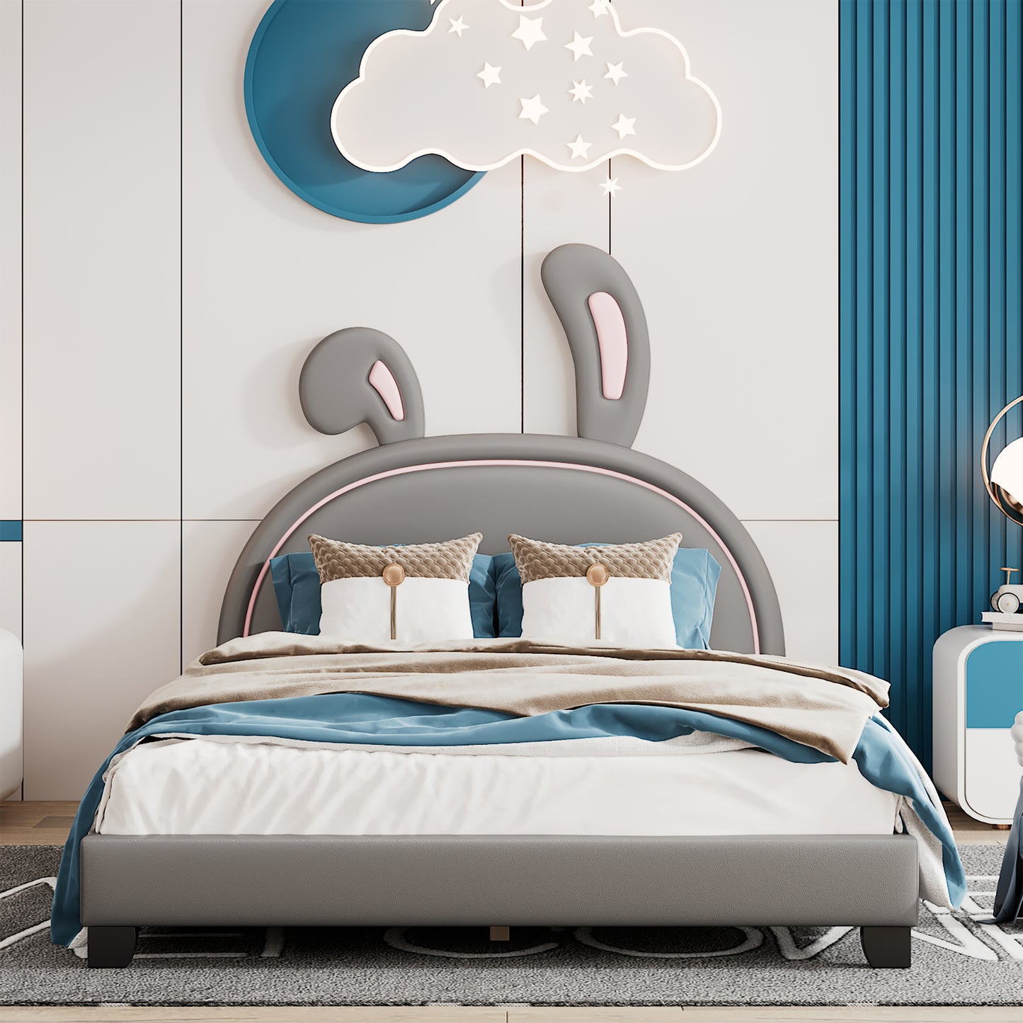 Grey upholstered twin bed with whimsical bunny ear headboard blue bedding and fluffy pillows