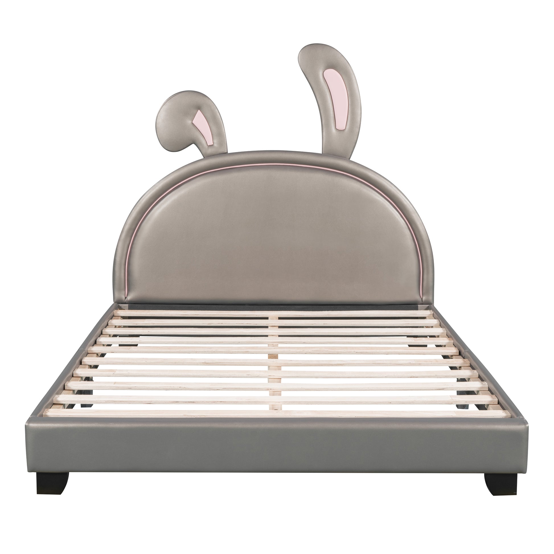 Gray toddler bed frame with playful bunny ears headboard and pink accents