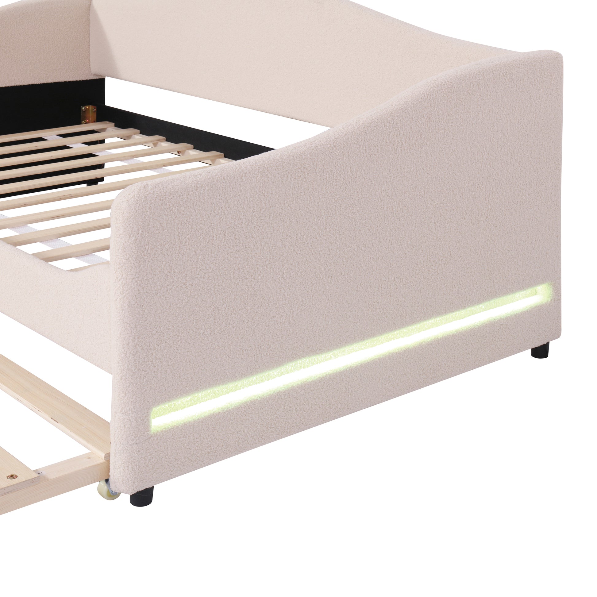 Cream boucle fabric bed frame with integrated LED lighting