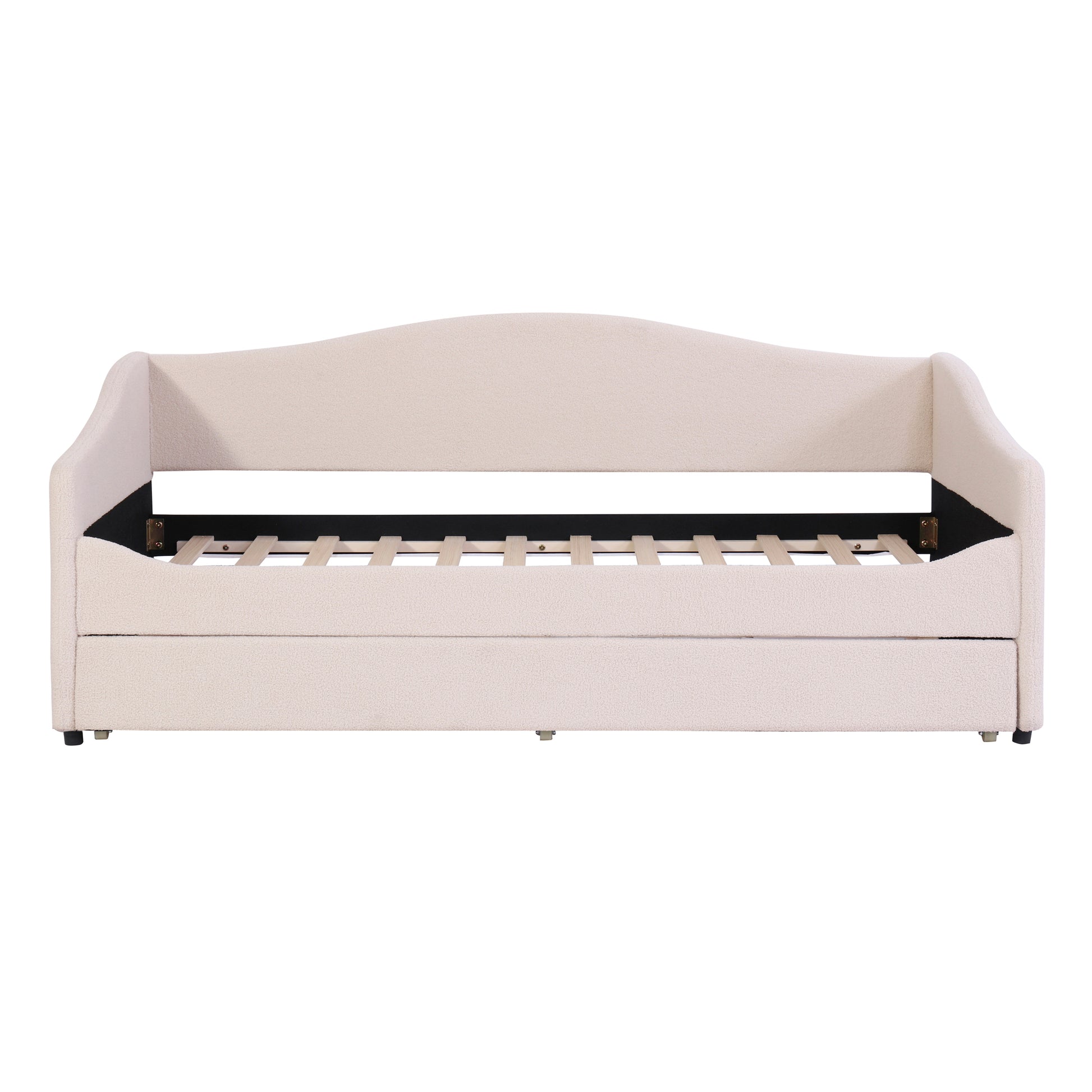Beige upholstered daybed with curved backrest and wooden slat support