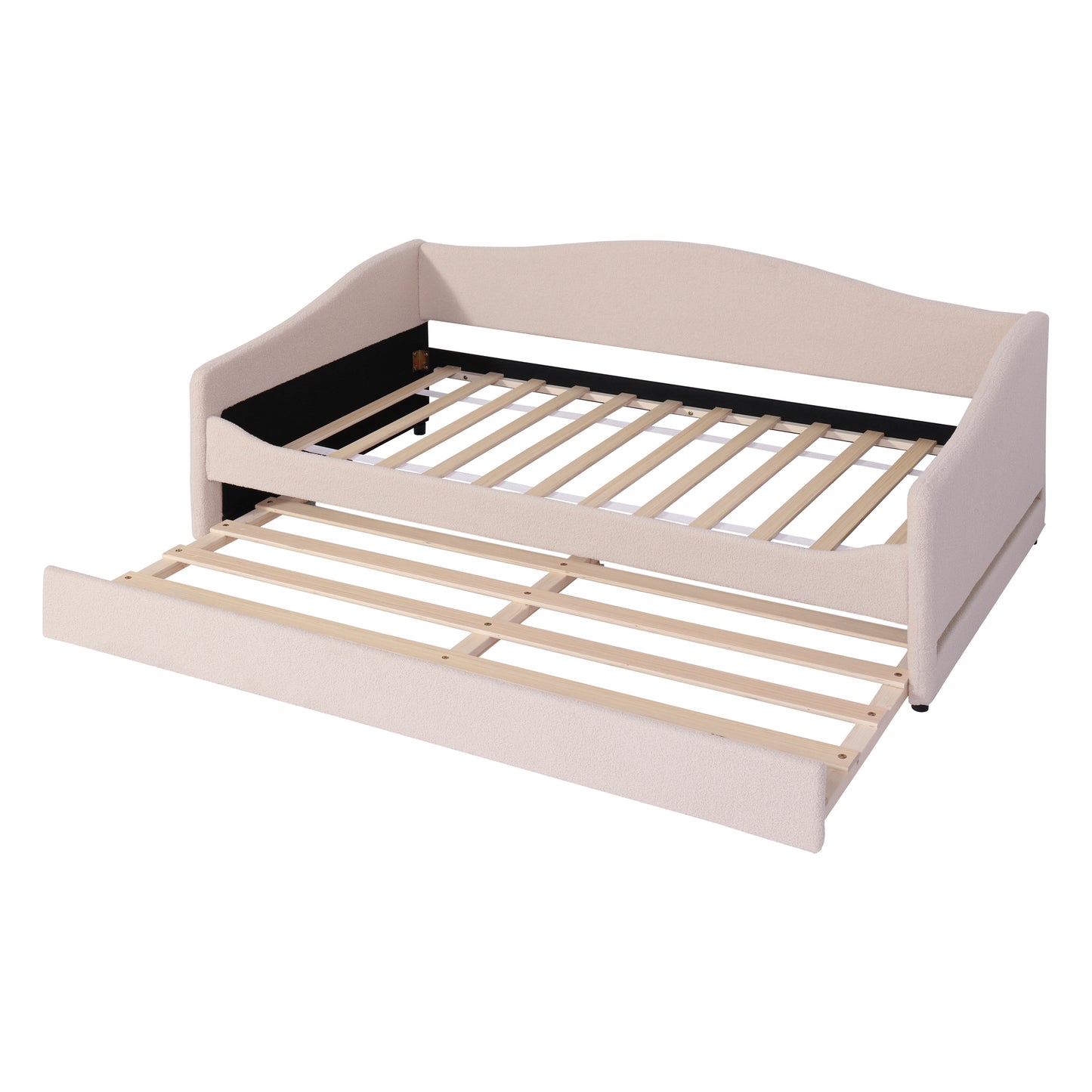 Cream upholstered daybed with pullout trundle frame exposed