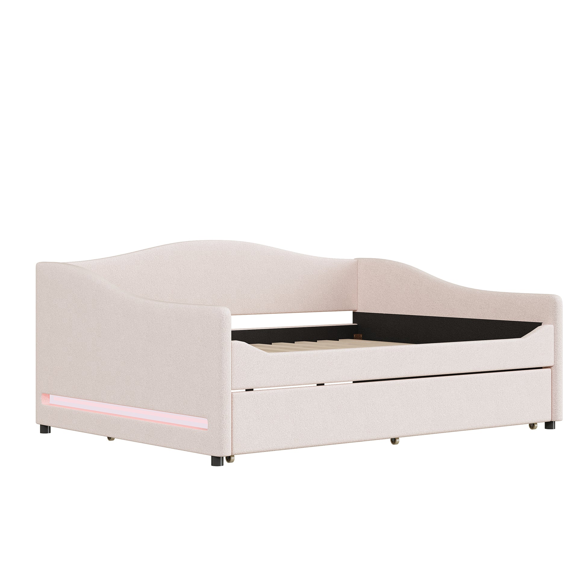 Modern upholstered daybed in soft beige with LED accents and pullout drawer