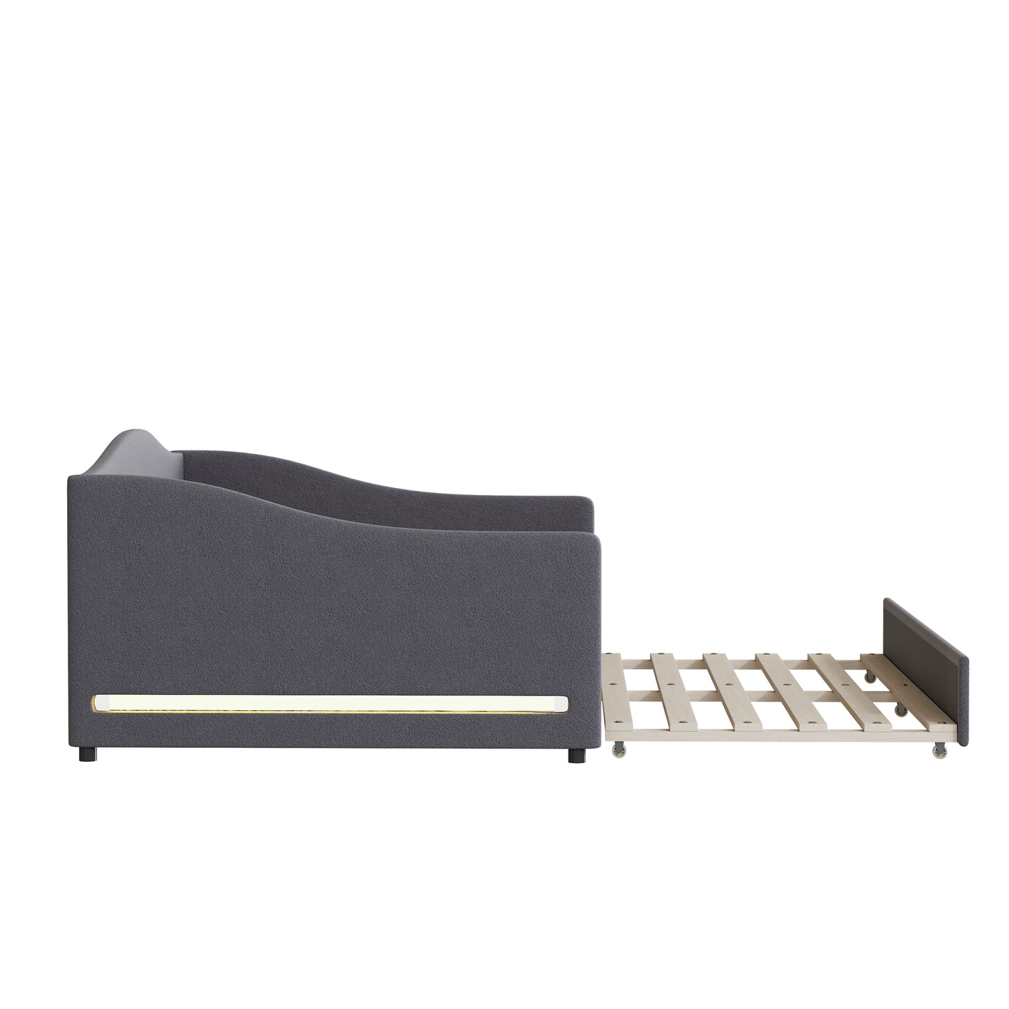 Dark gray upholstered sofa bed with extendable wooden slat base