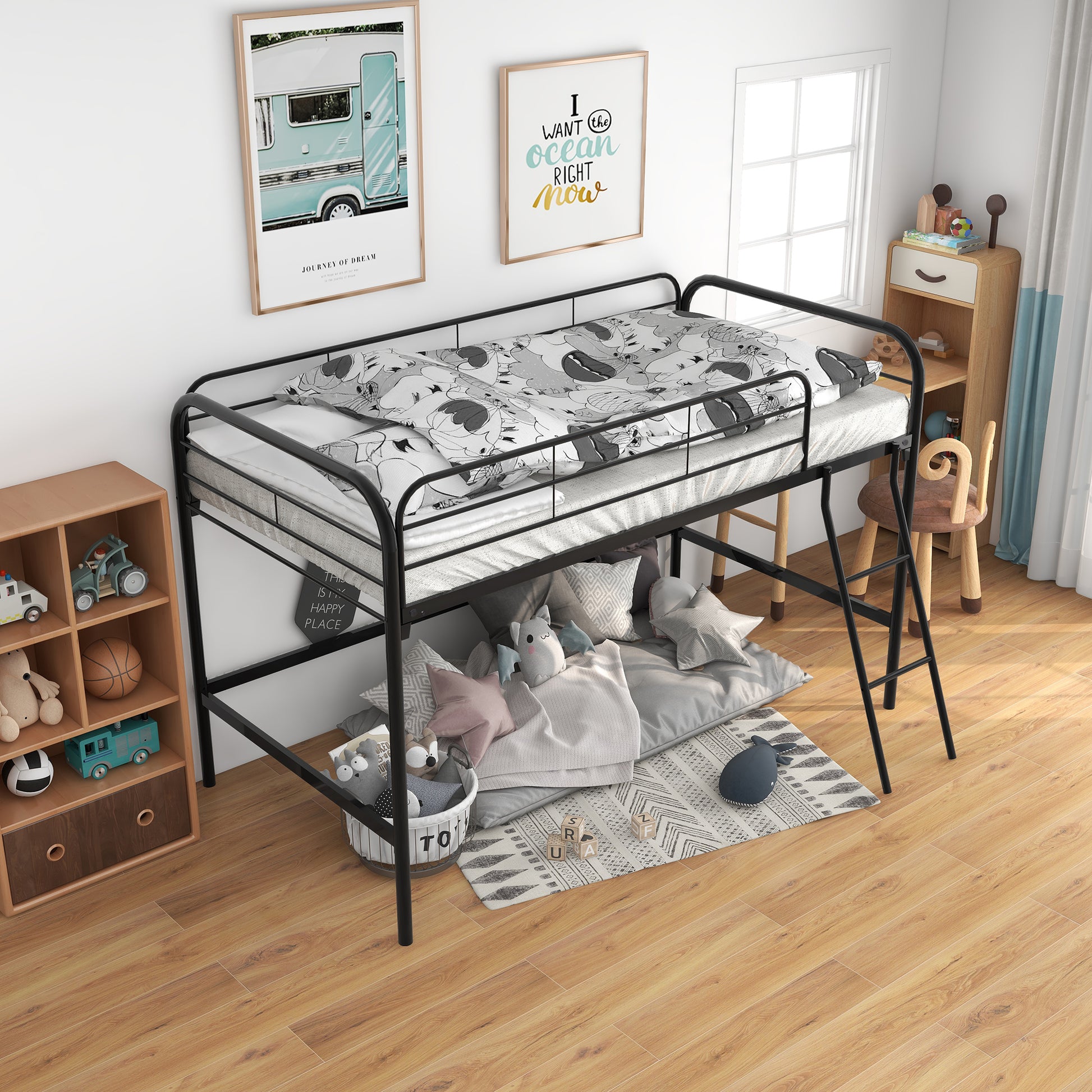 Black metal twin loft bed with playful bedding