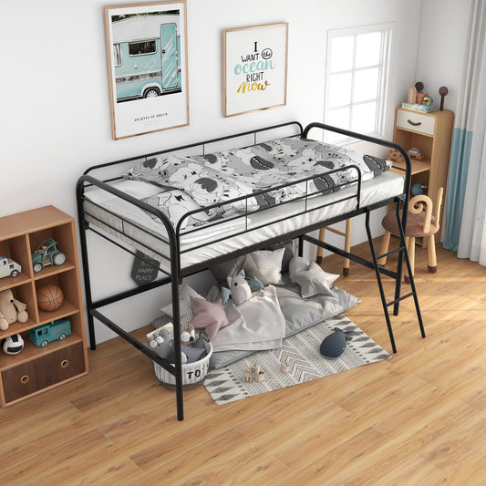 Black metal twin loft bed with playful bedding