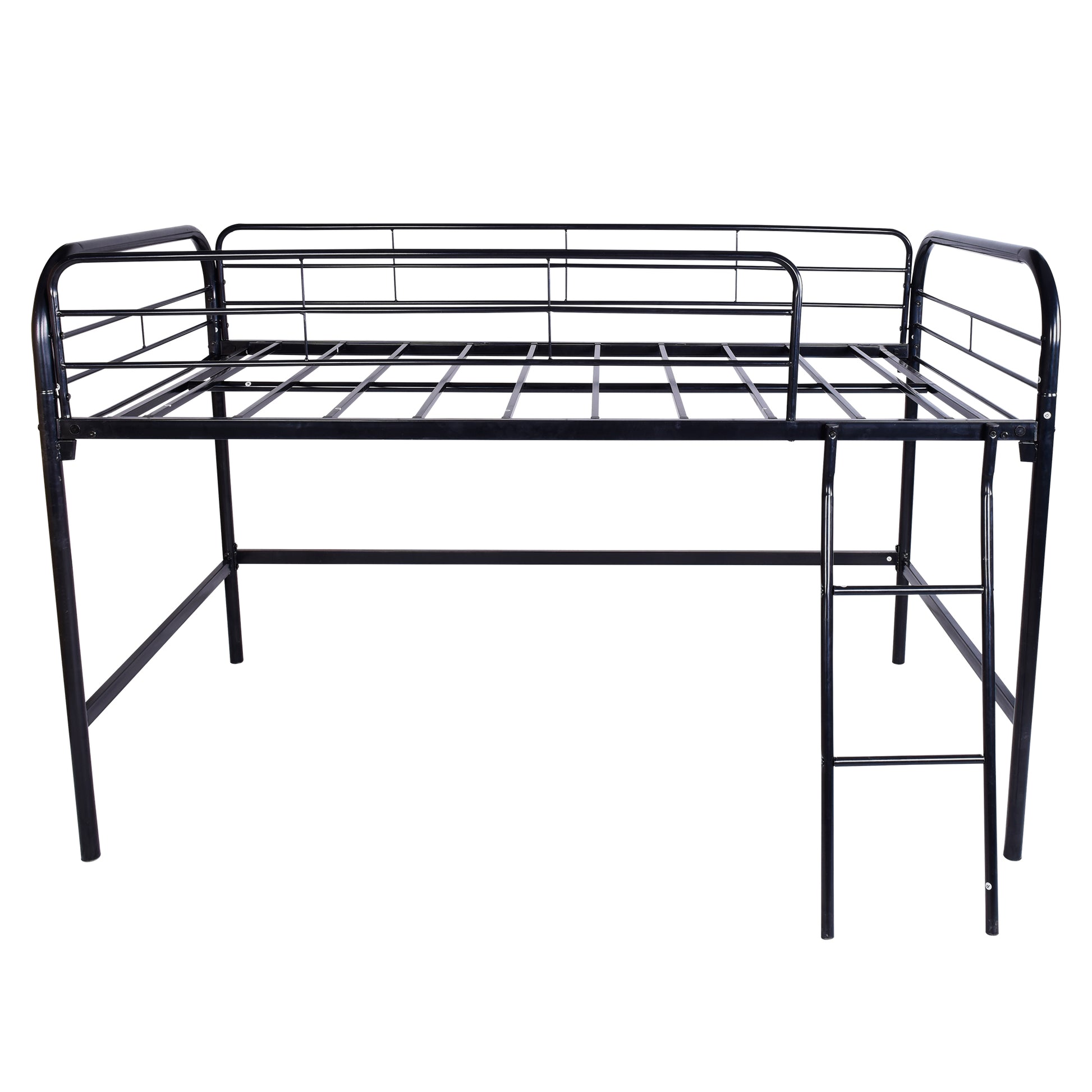 Black metal twin loft bed with ladder and safety rails