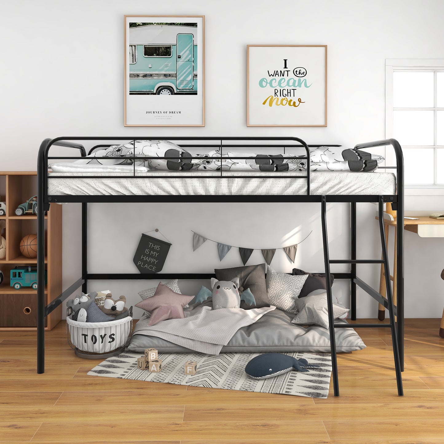 Black metal loft bed with mattress and playful bedding
