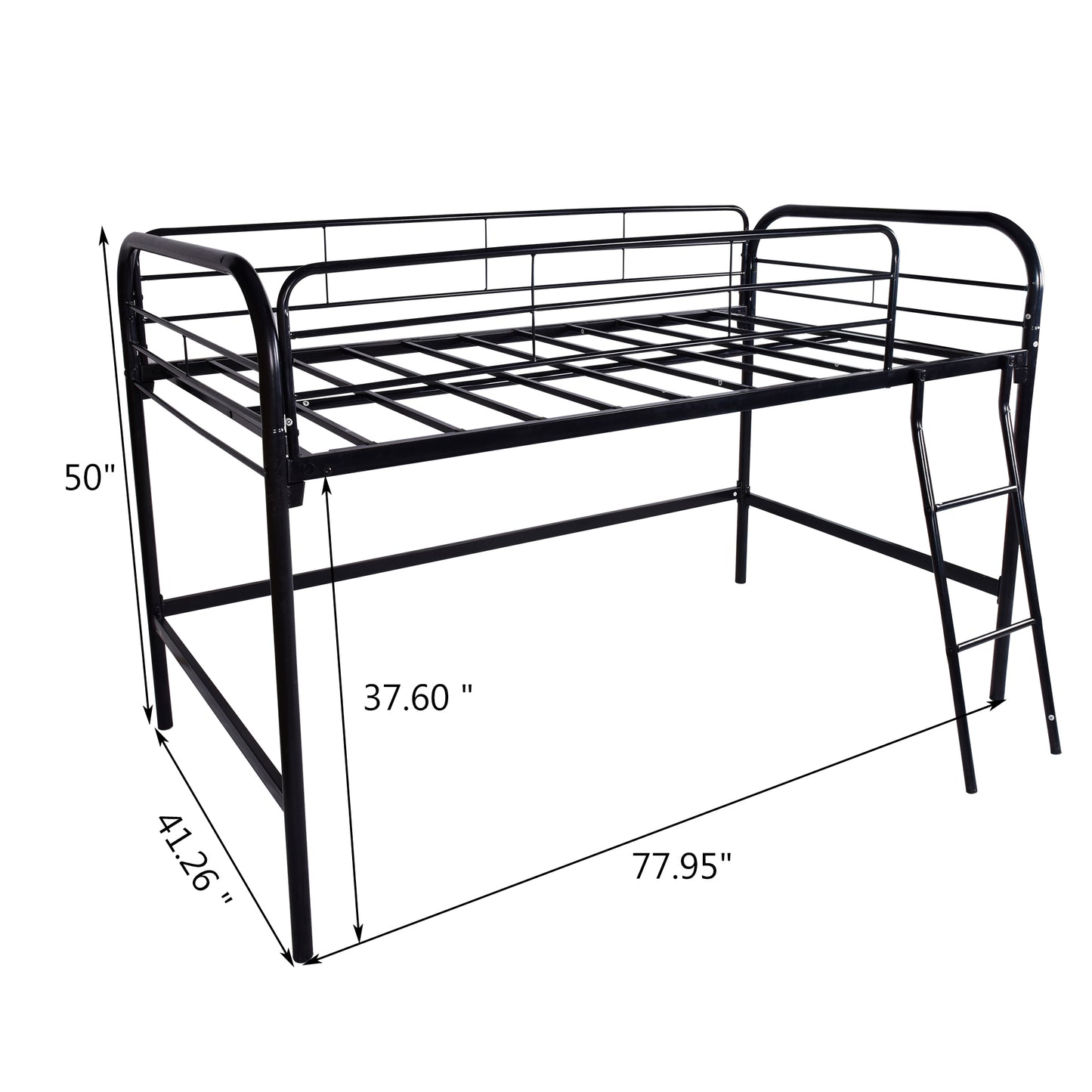 Black metal twin loft bed with integrated ladder and safety rails