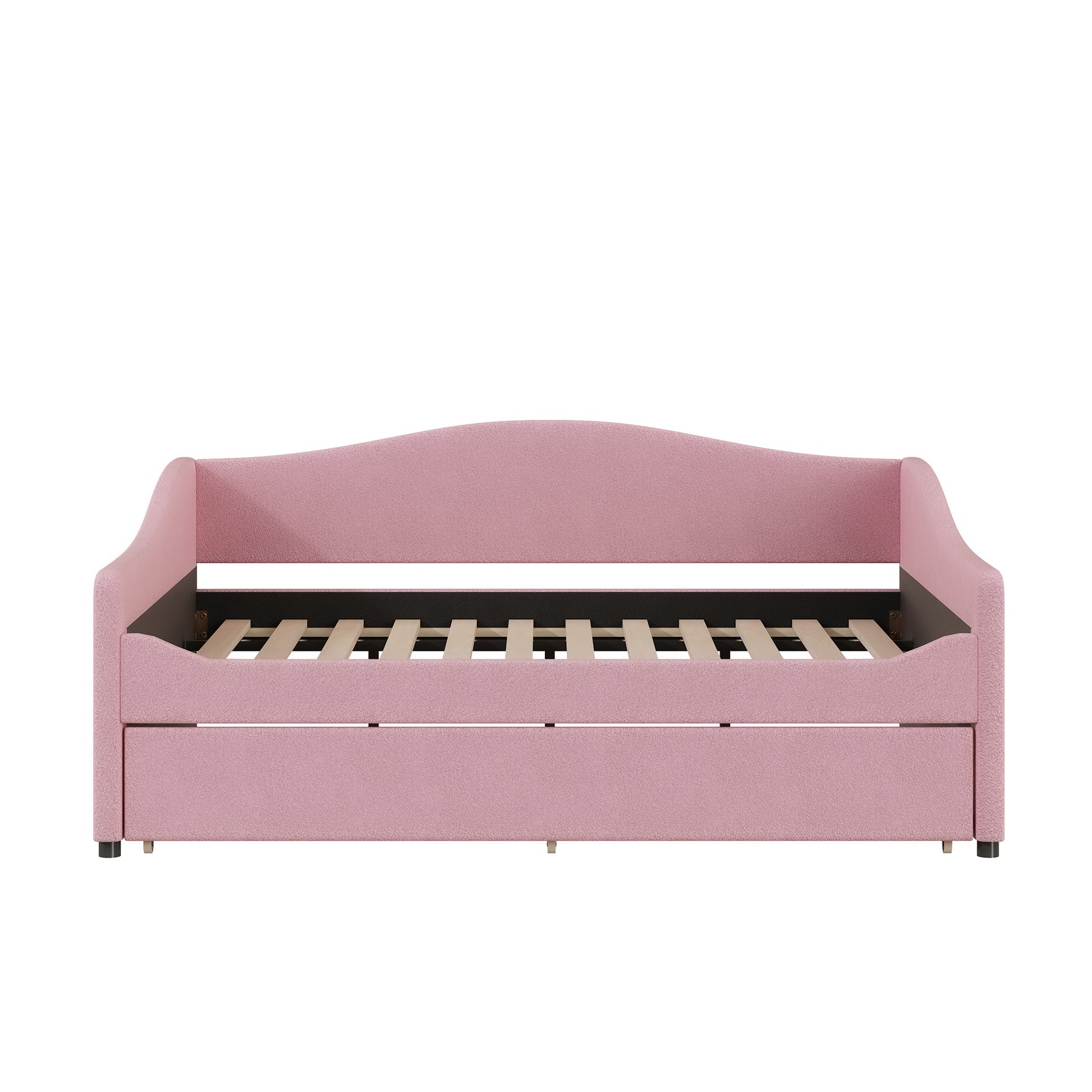 Pink upholstered daybed with wooden slats and integrated drawer storage