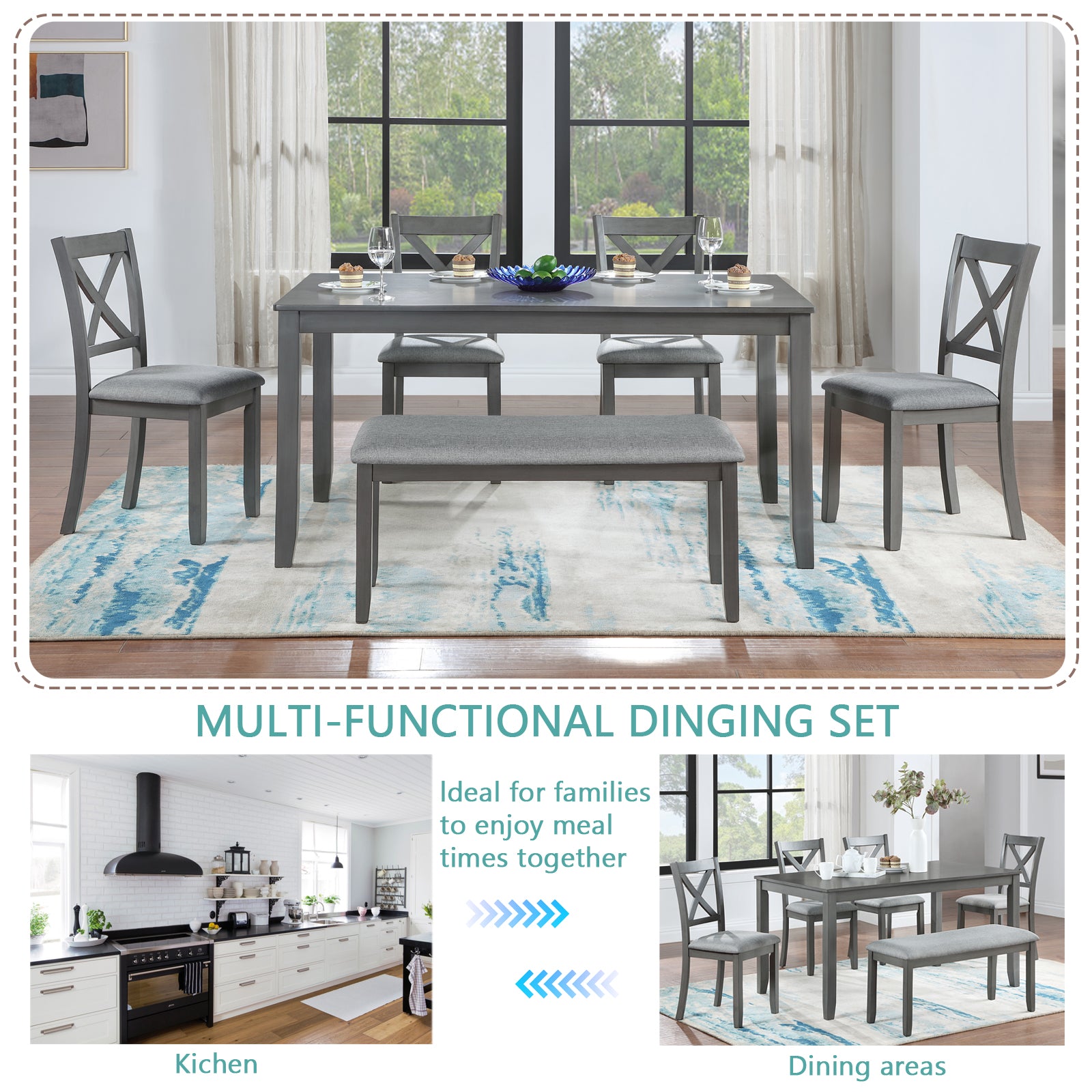 Gray dining set with Xback chairs and upholstered bench