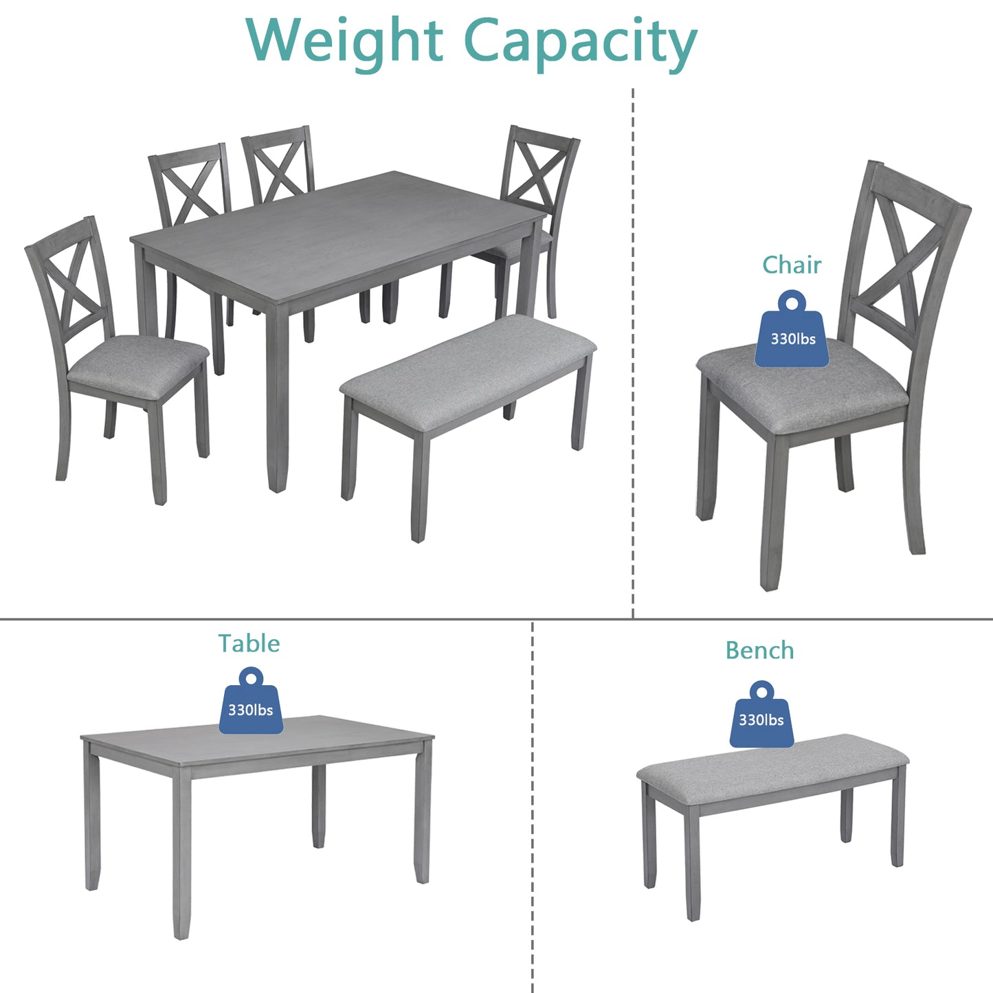 Gray dining table with four chairs and a bench