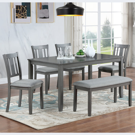 Gray wooden dining set with upholstered bench and chairs