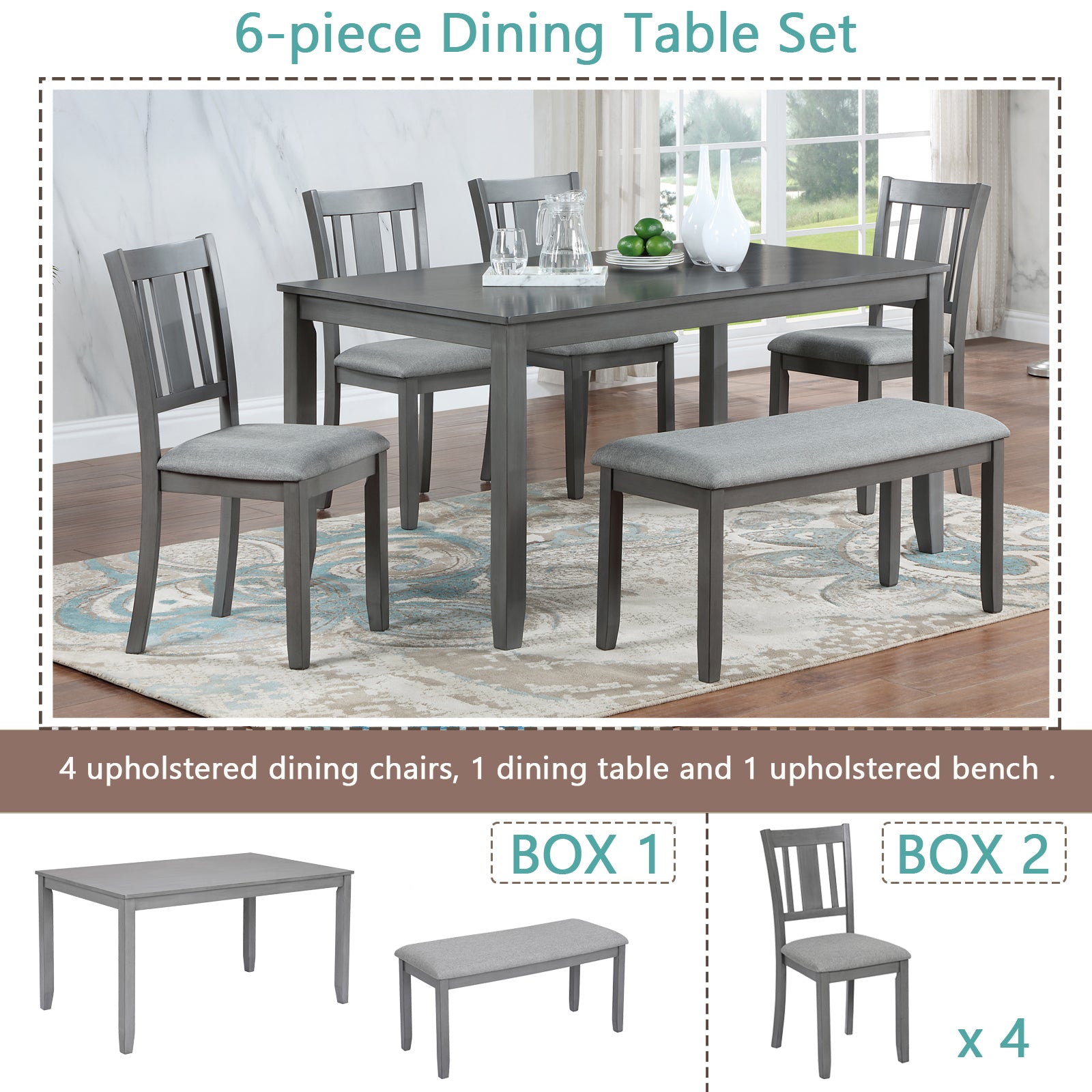 Gray piece dining table set with upholstered chairs and bench