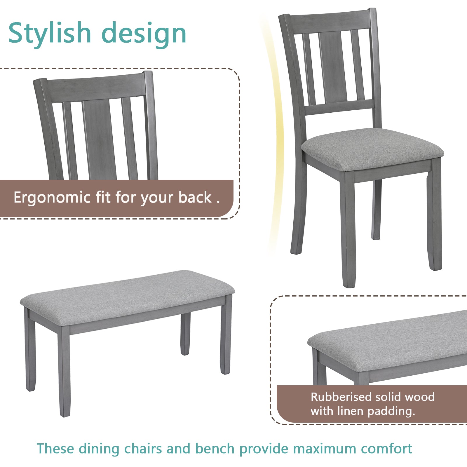 Grey wooden dining chair with cushioned seat