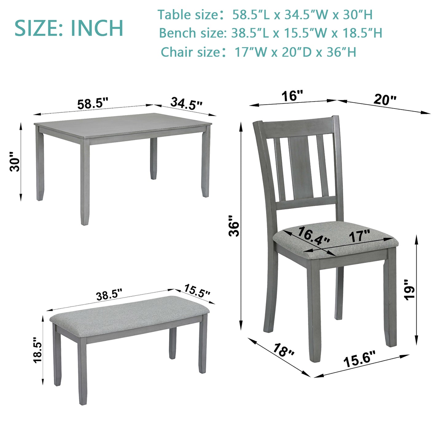 Gray wooden dining table with dimensions