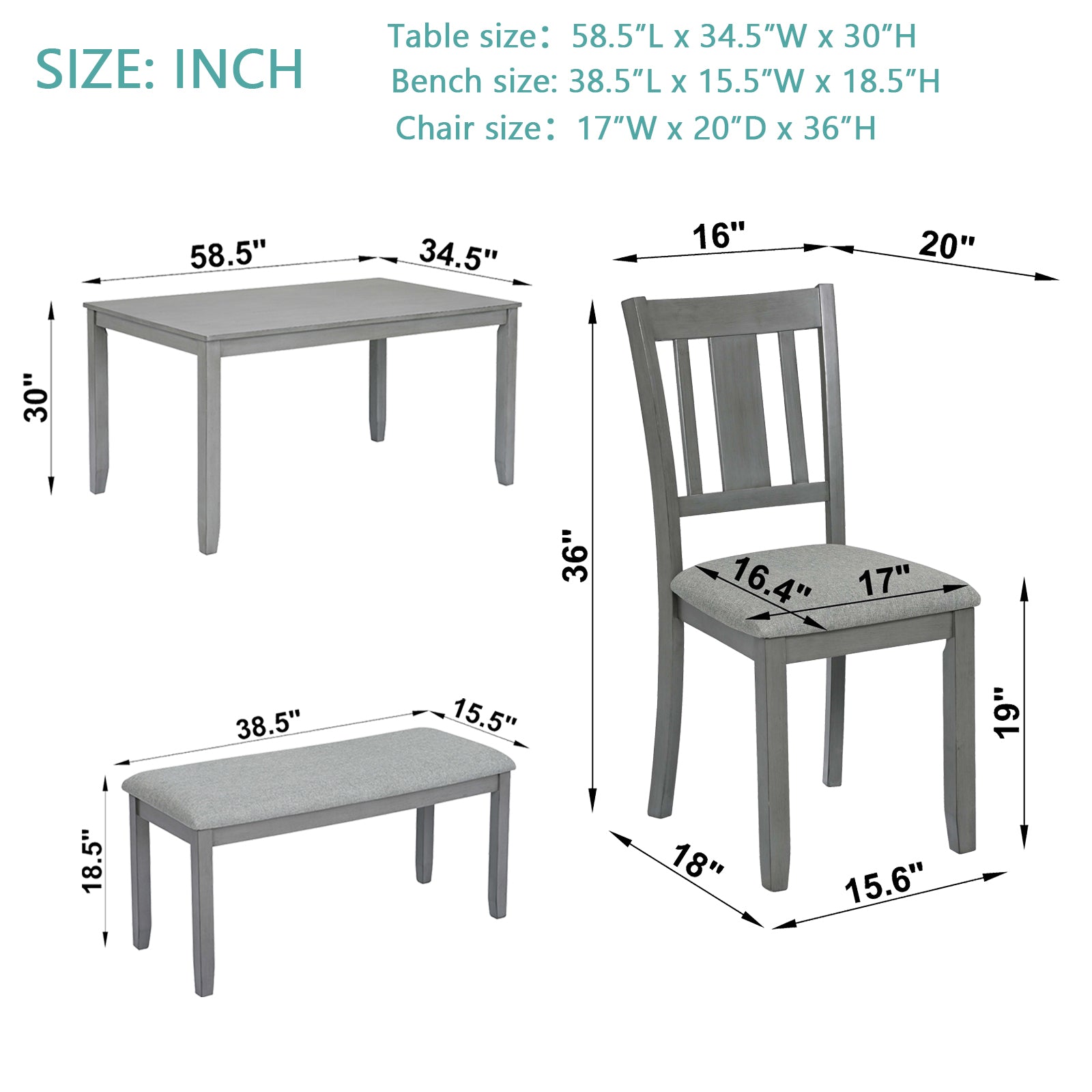 Gray wooden dining table with dimensions