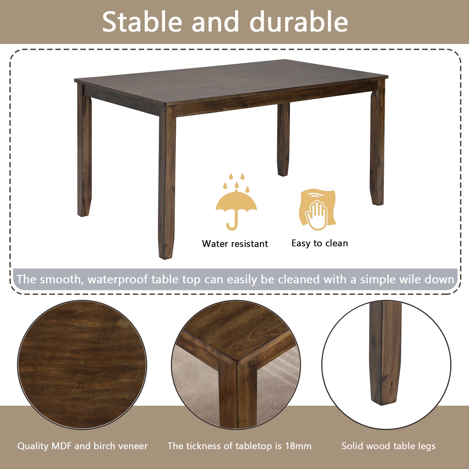 Dark wood rectangular dining table with tapered legs