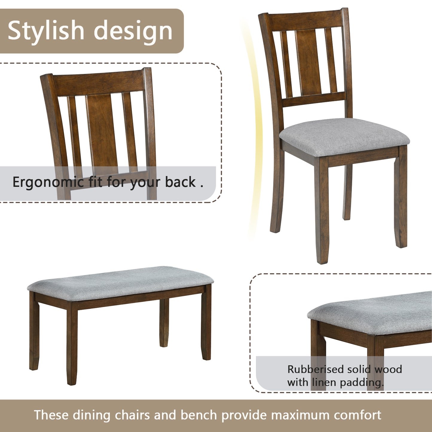 Brown wooden dining chair with grey linen seat and slatted back