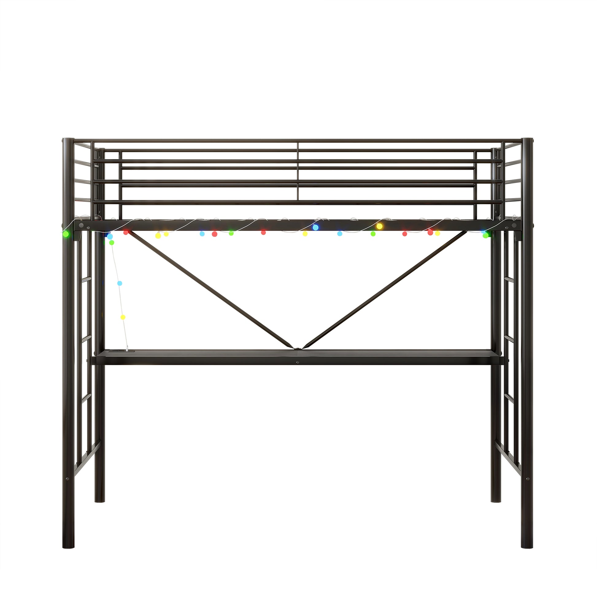 Black metal loft bed with integrated desk and colorful string lights