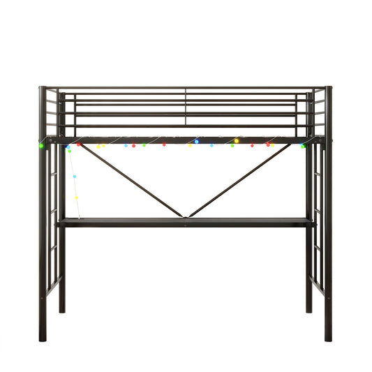 Black metal loft bed with integrated desk and colorful string lights