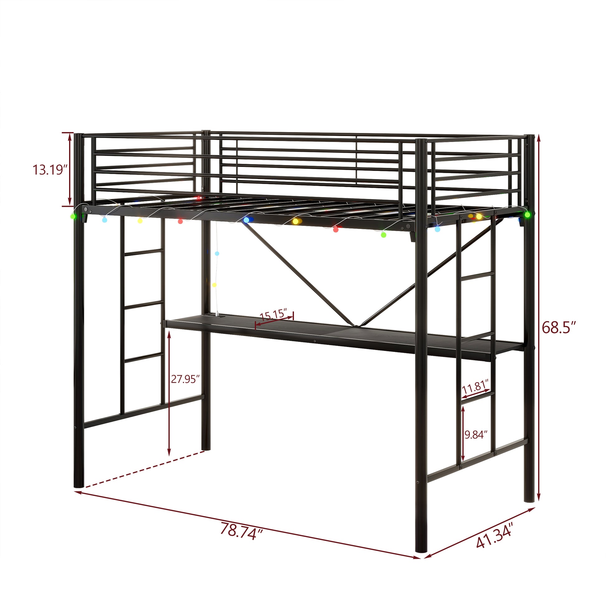 Black metal loft bed with integrated desk and colorful string lights