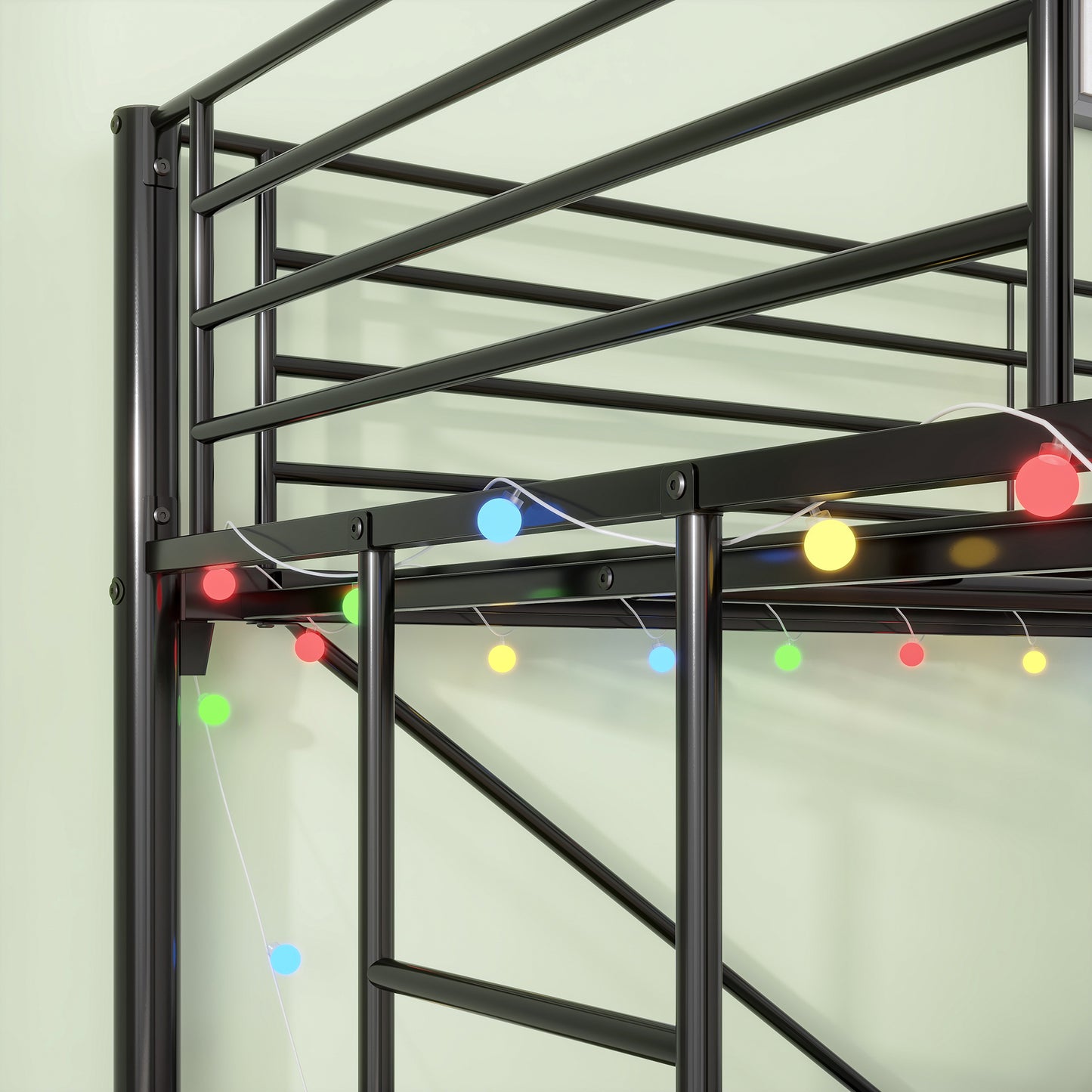 Black metal bunk bed frame with colorful string lights