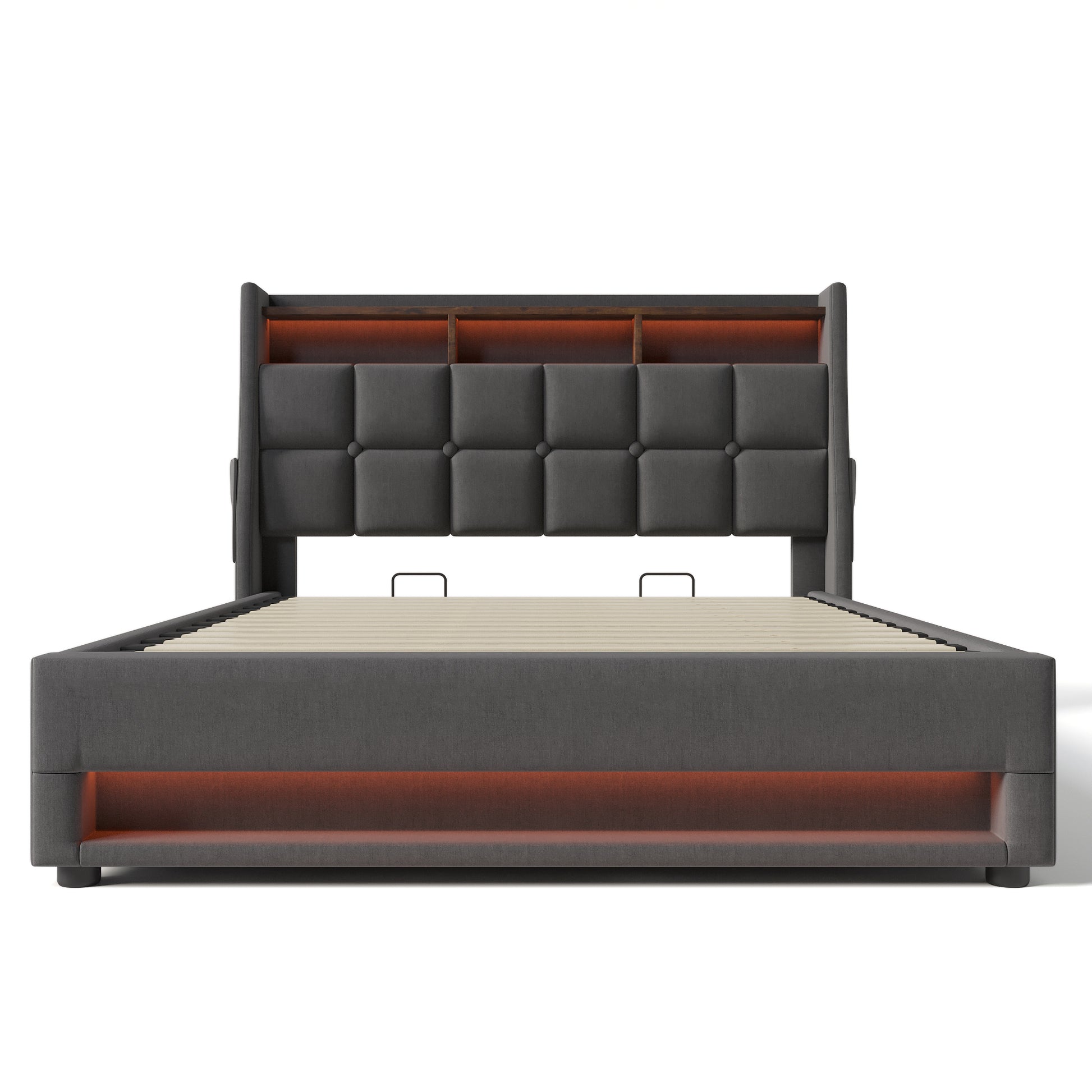 Modern upholstered grey king bed with builtin LED lighting and storage headboard