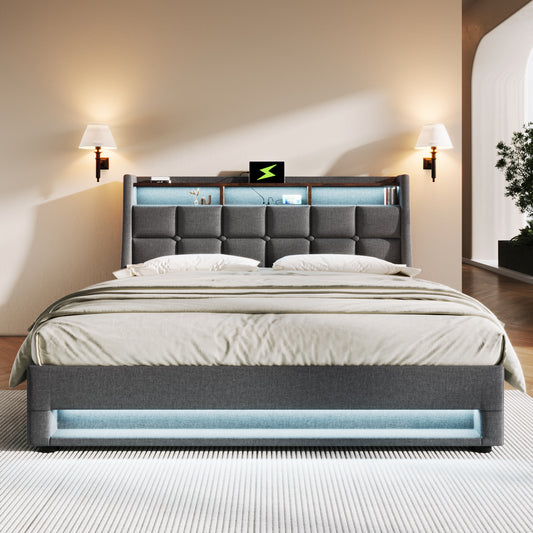 Upholstered grey platform bed frame with tufted headboard and blue LED lighting