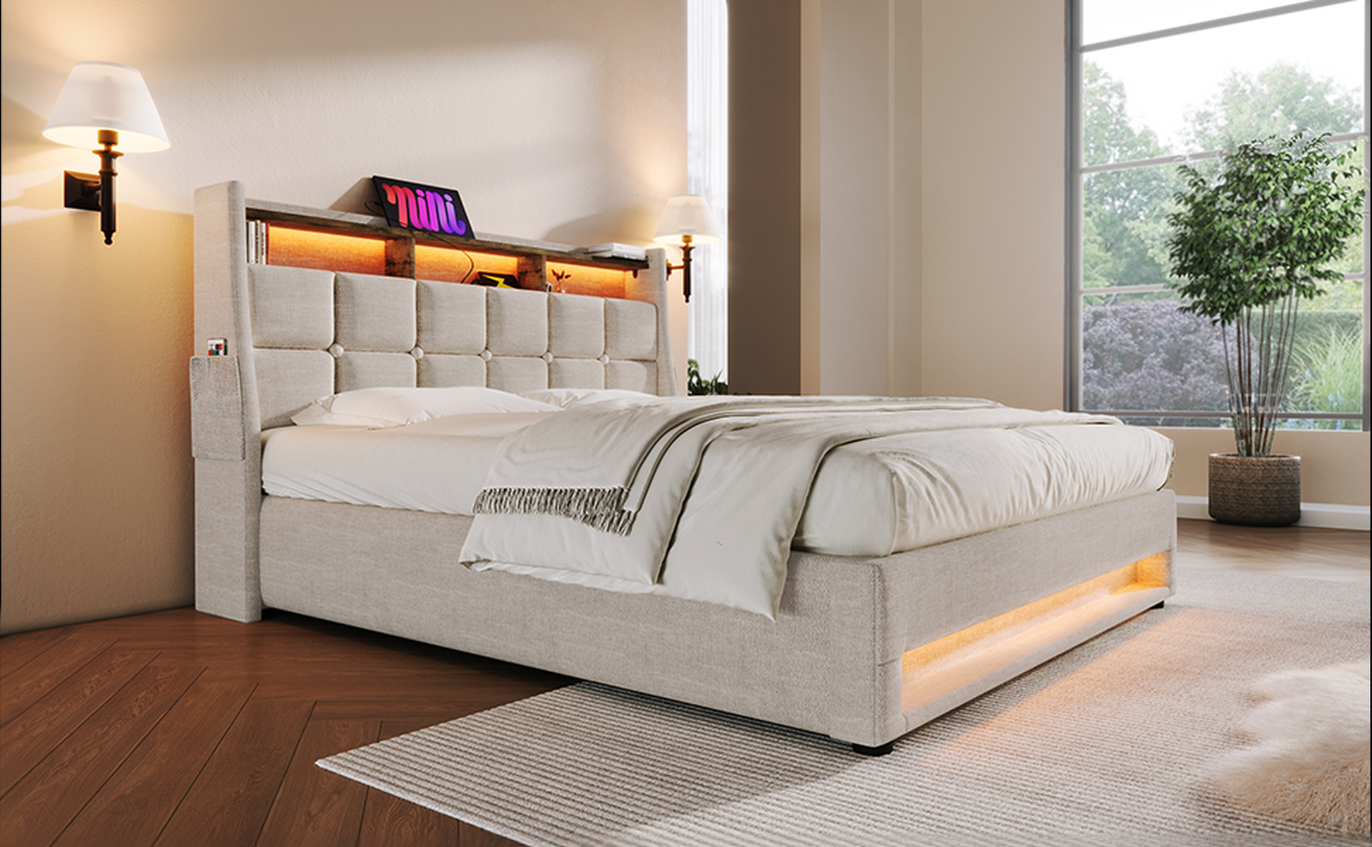 Tufted beige upholstered bed frame with builtin storage and ambient lighting