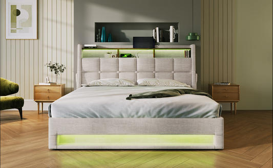 Tufted upholstered bed with LED lighting and wood nightstands