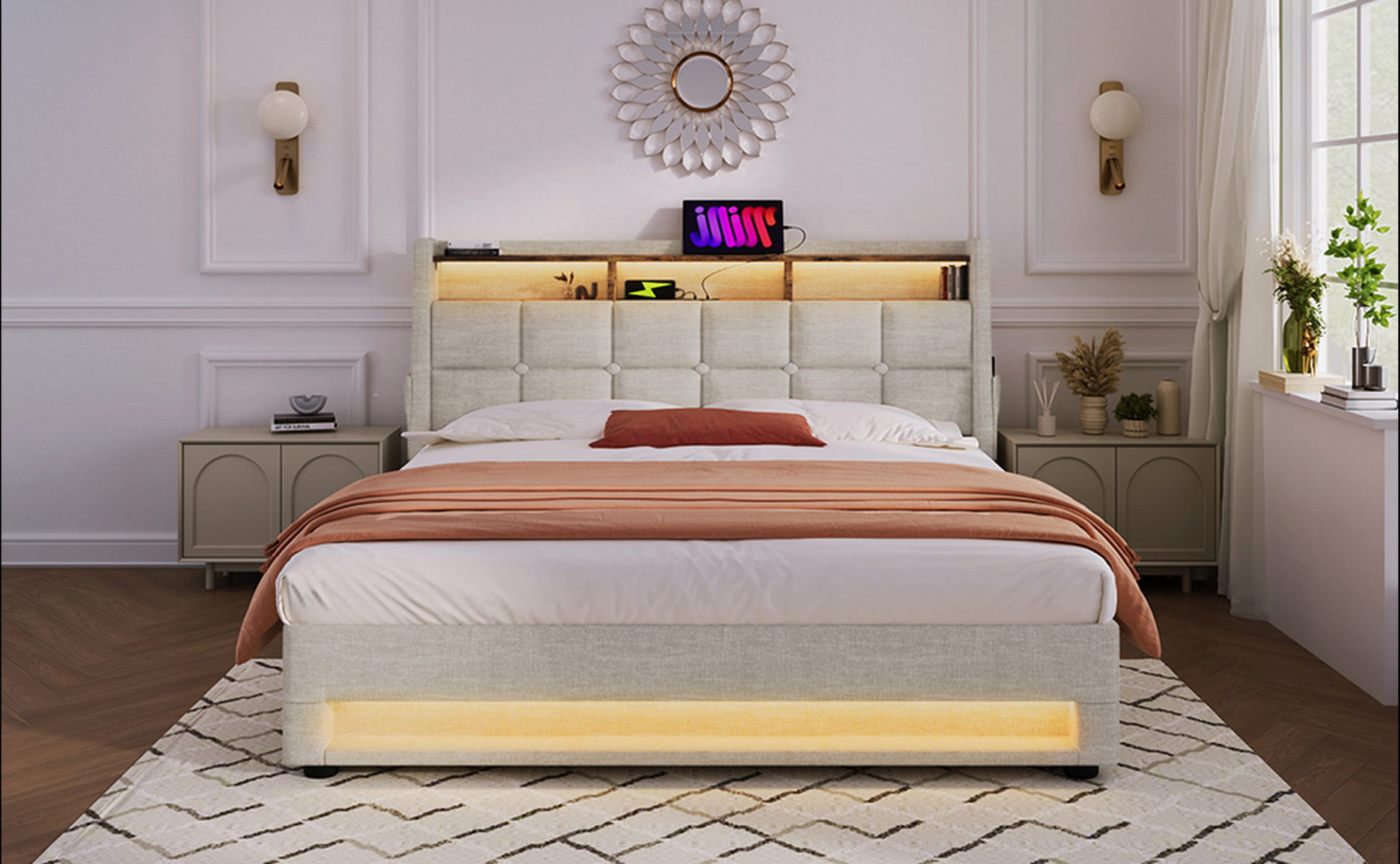 Tufted grey upholstered bed frame with integrated LED lighting