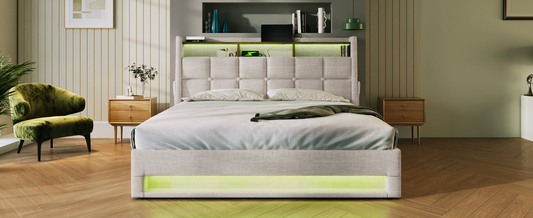 Upholstered king bed frame with tufted headboard and integrated LED lighting