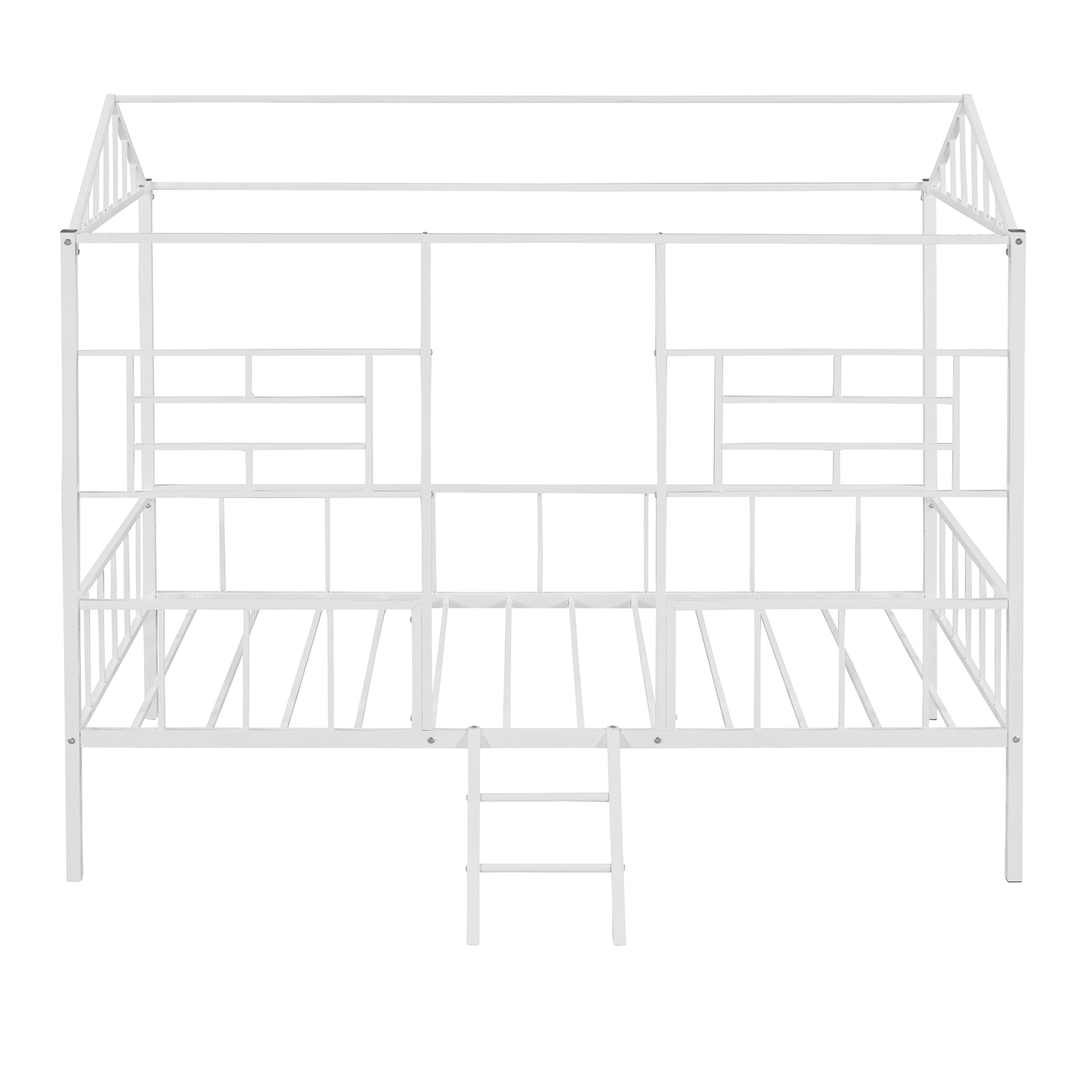 White metal house frame bed with integrated ladder