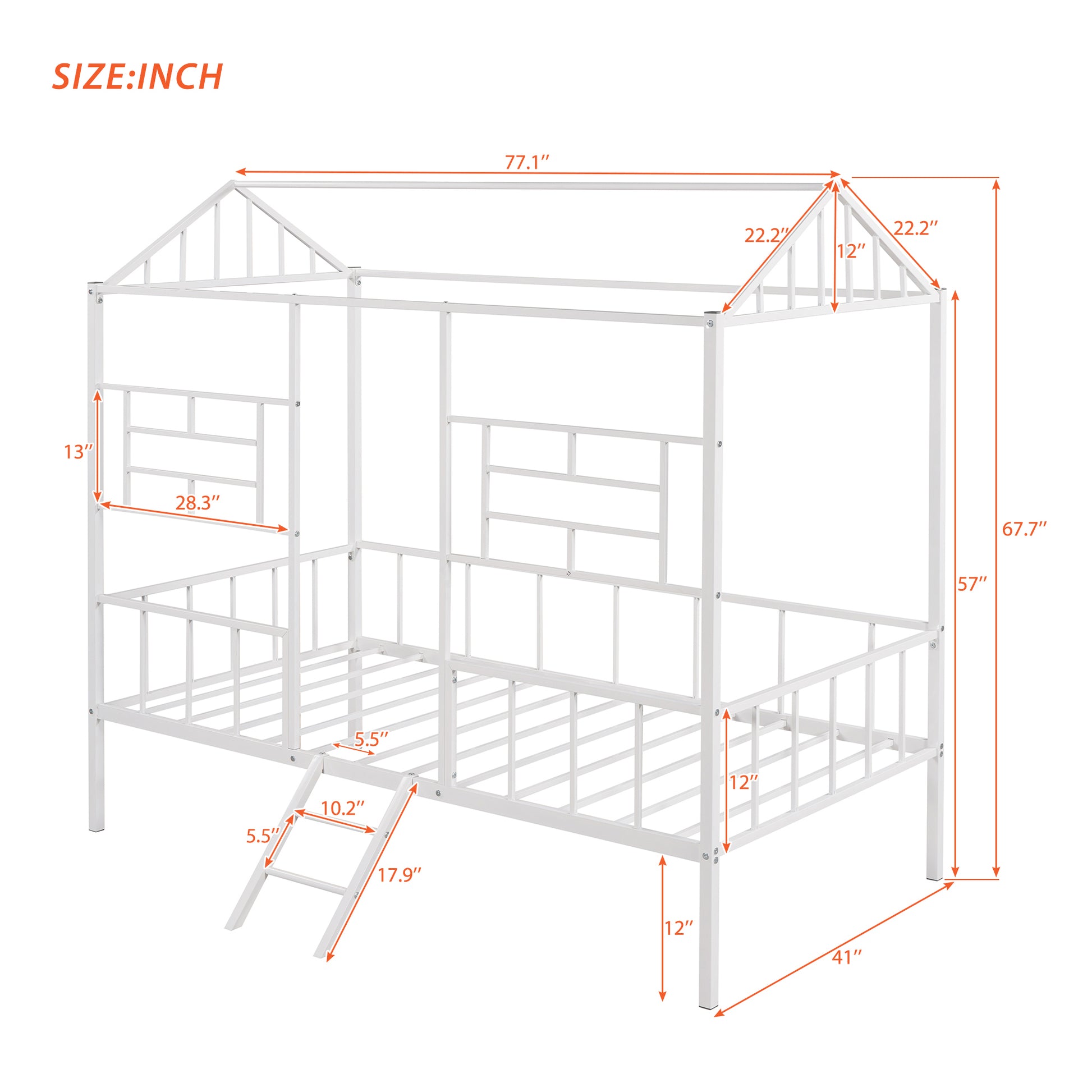 White metal house bed frame with ladder and slatted base