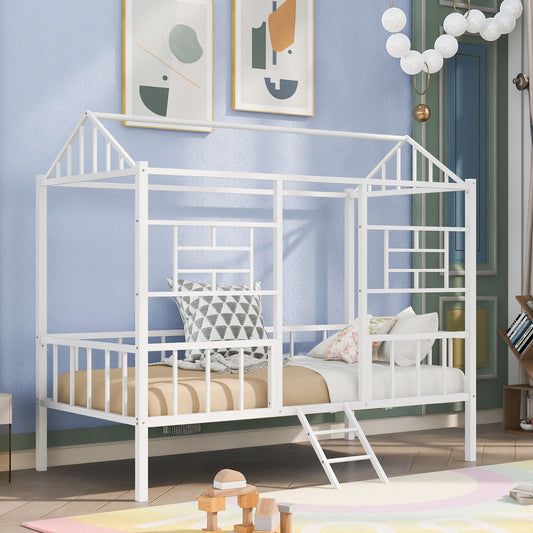 White metal house bed frame with ladder and mattress