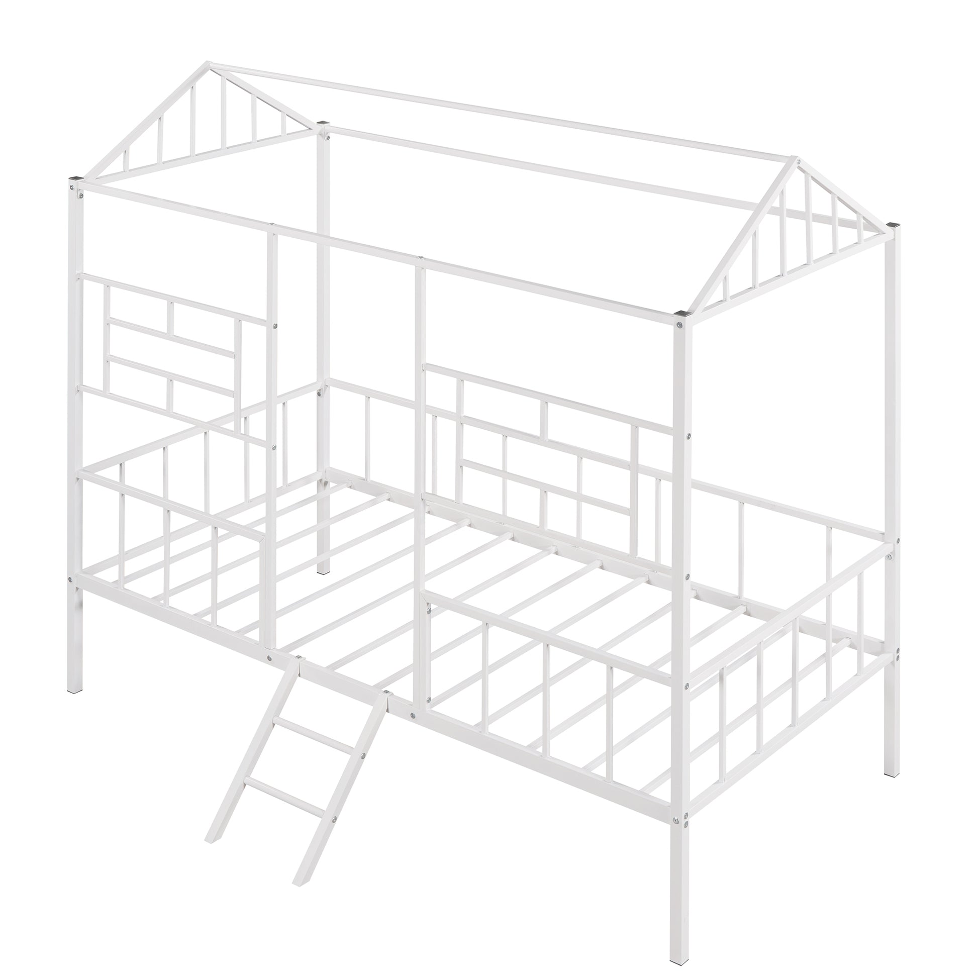 White metal house frame bed with ladder