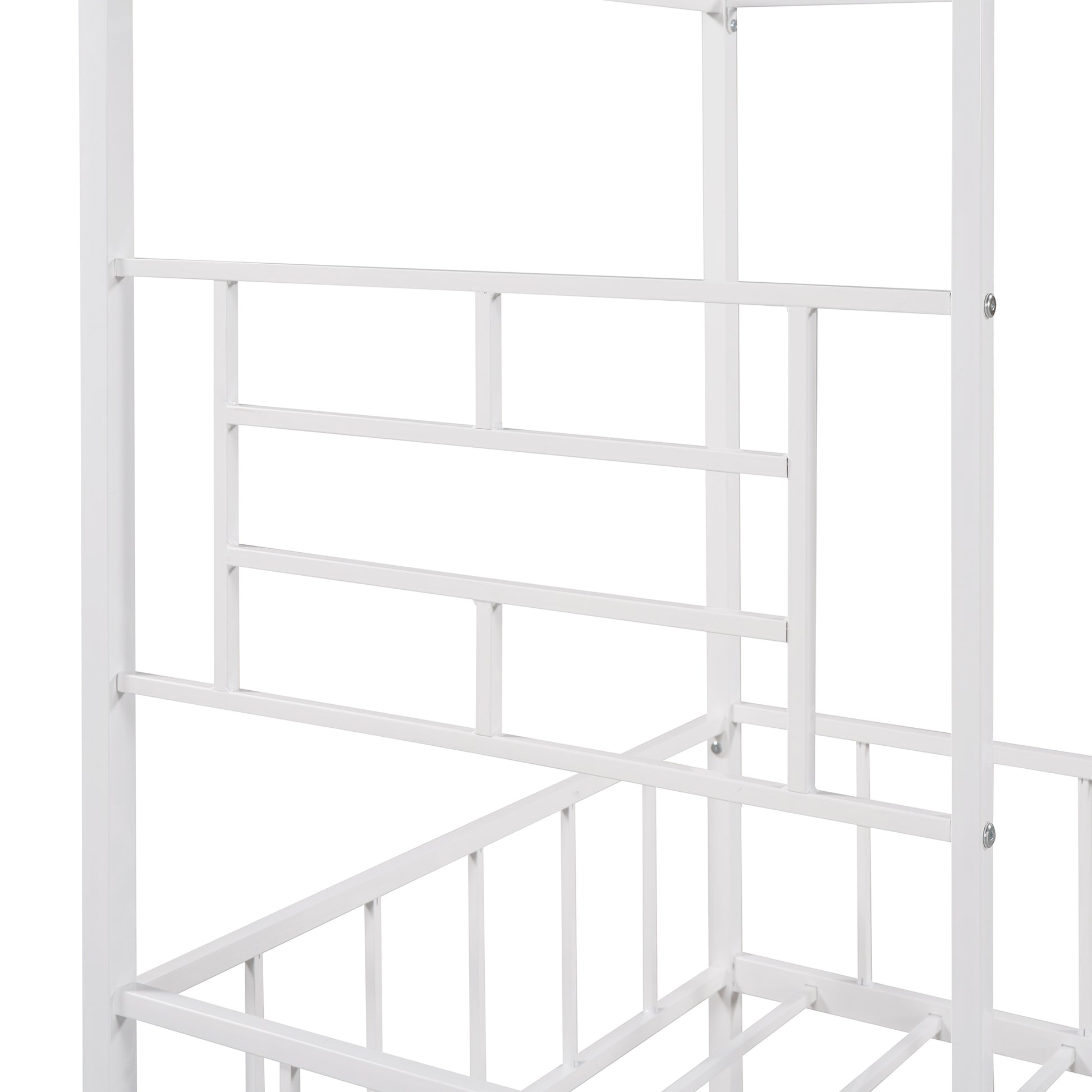 White metal bed frame with decorative headboard detailing