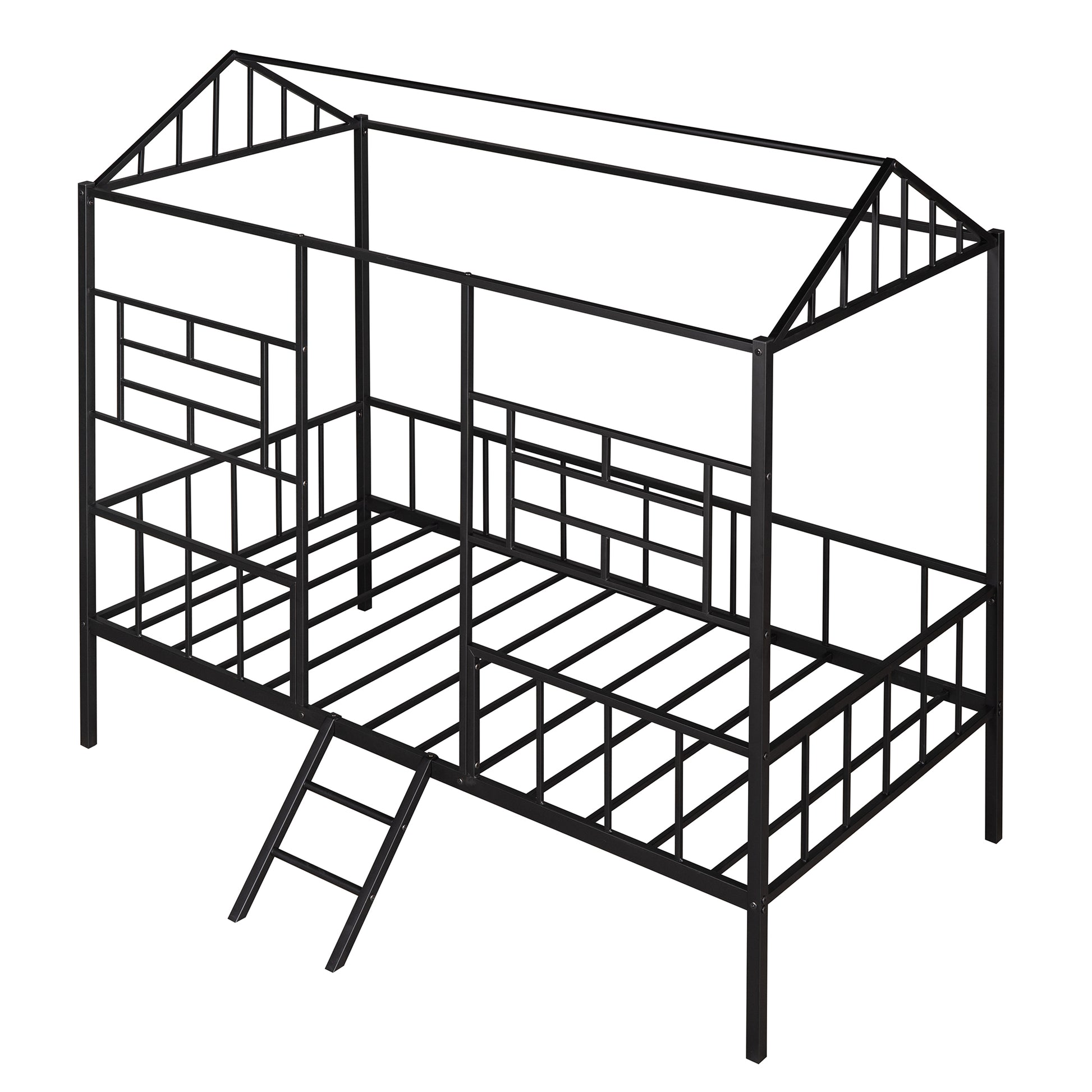 Black metal twin size house bed frame with ladder