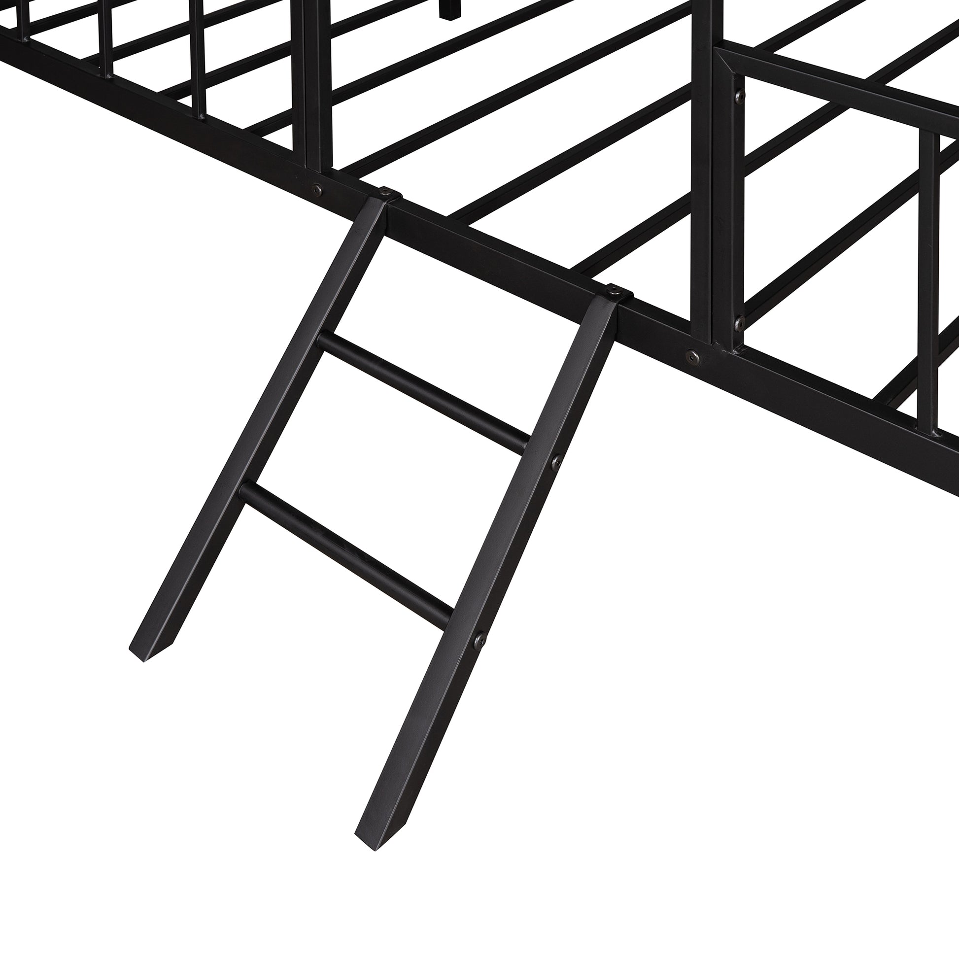 Black metal bunk bed frame ladder angled to the left