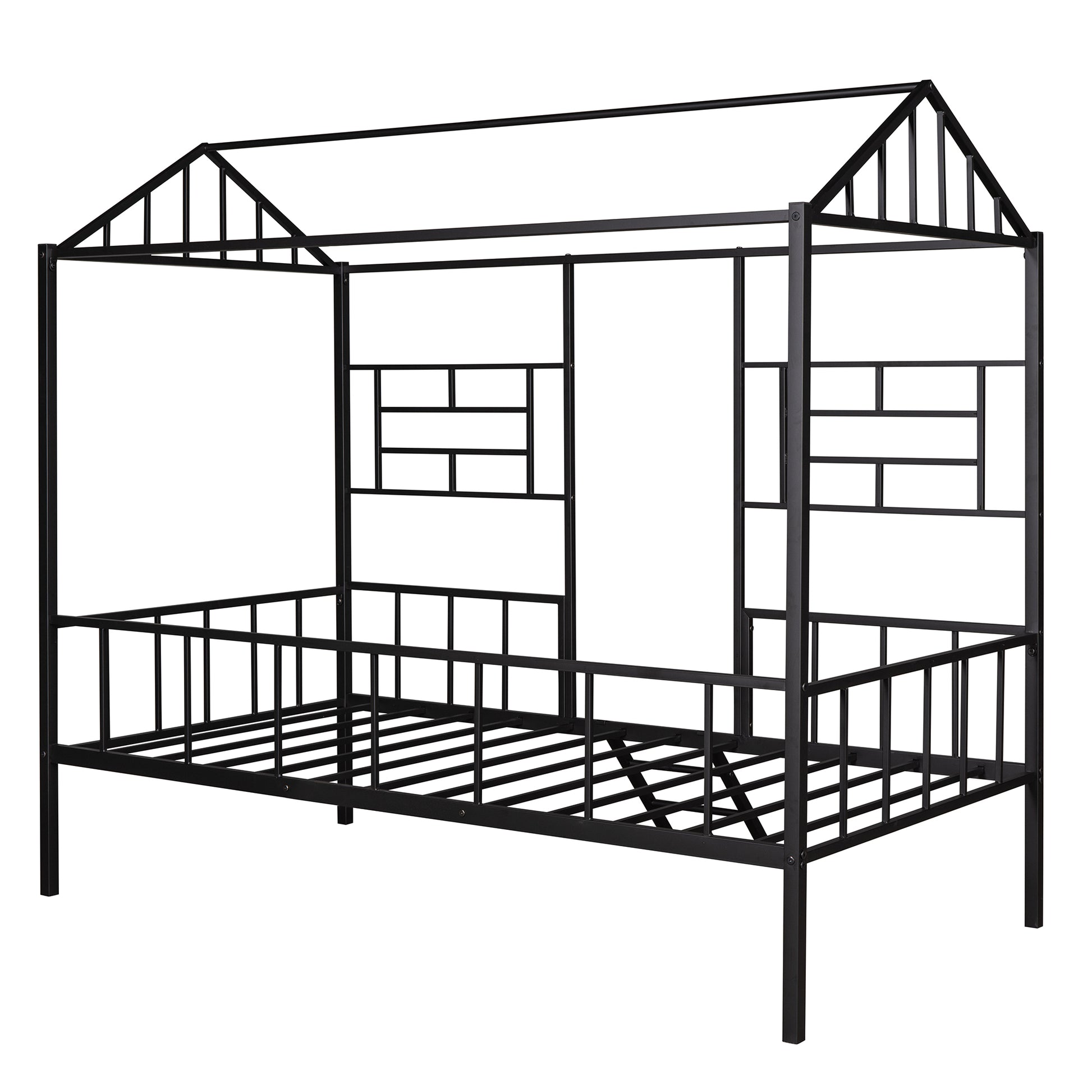 Black metal houseshaped twin bed frame with decorative headboard