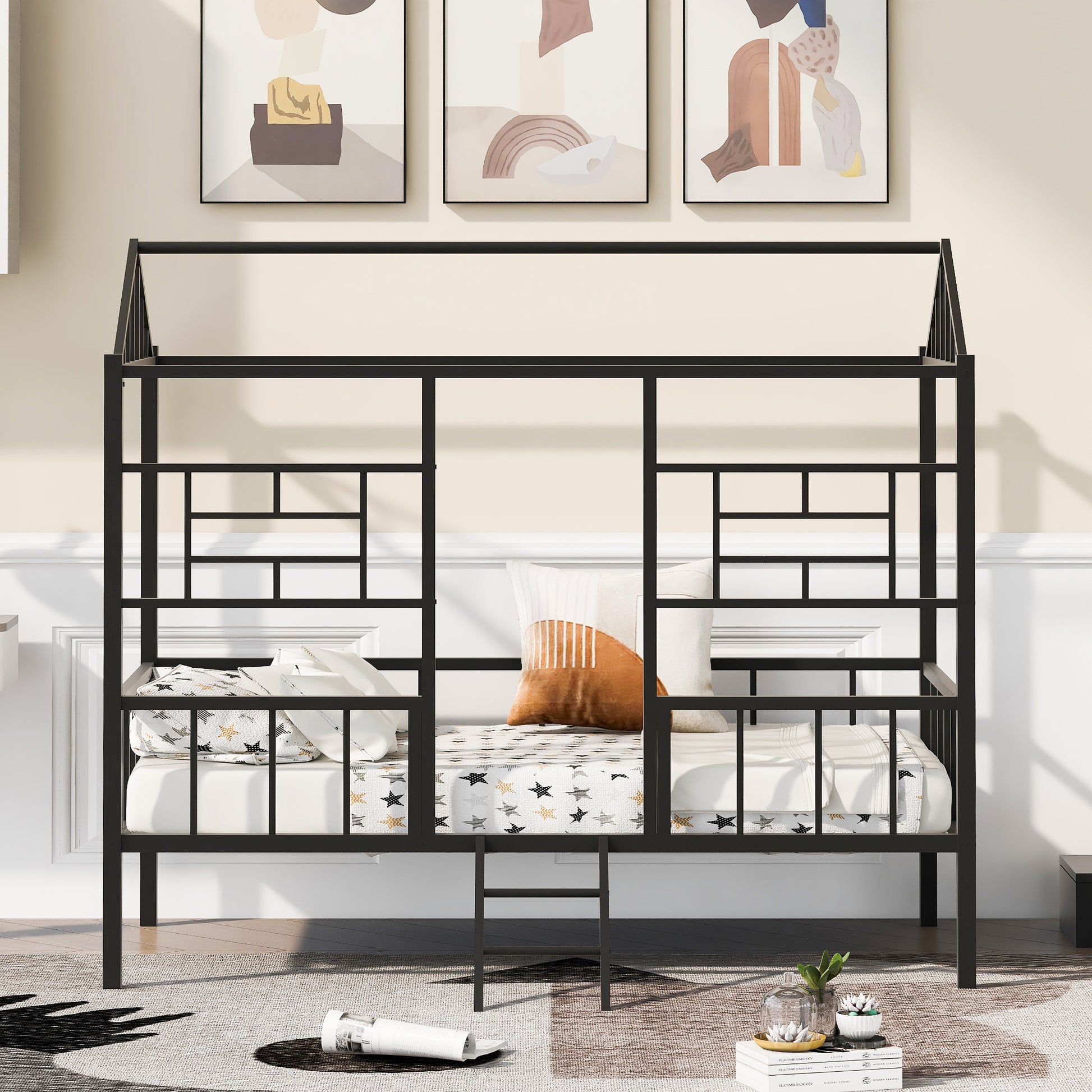 Black metal twin house bed frame with geometric accents and ladder