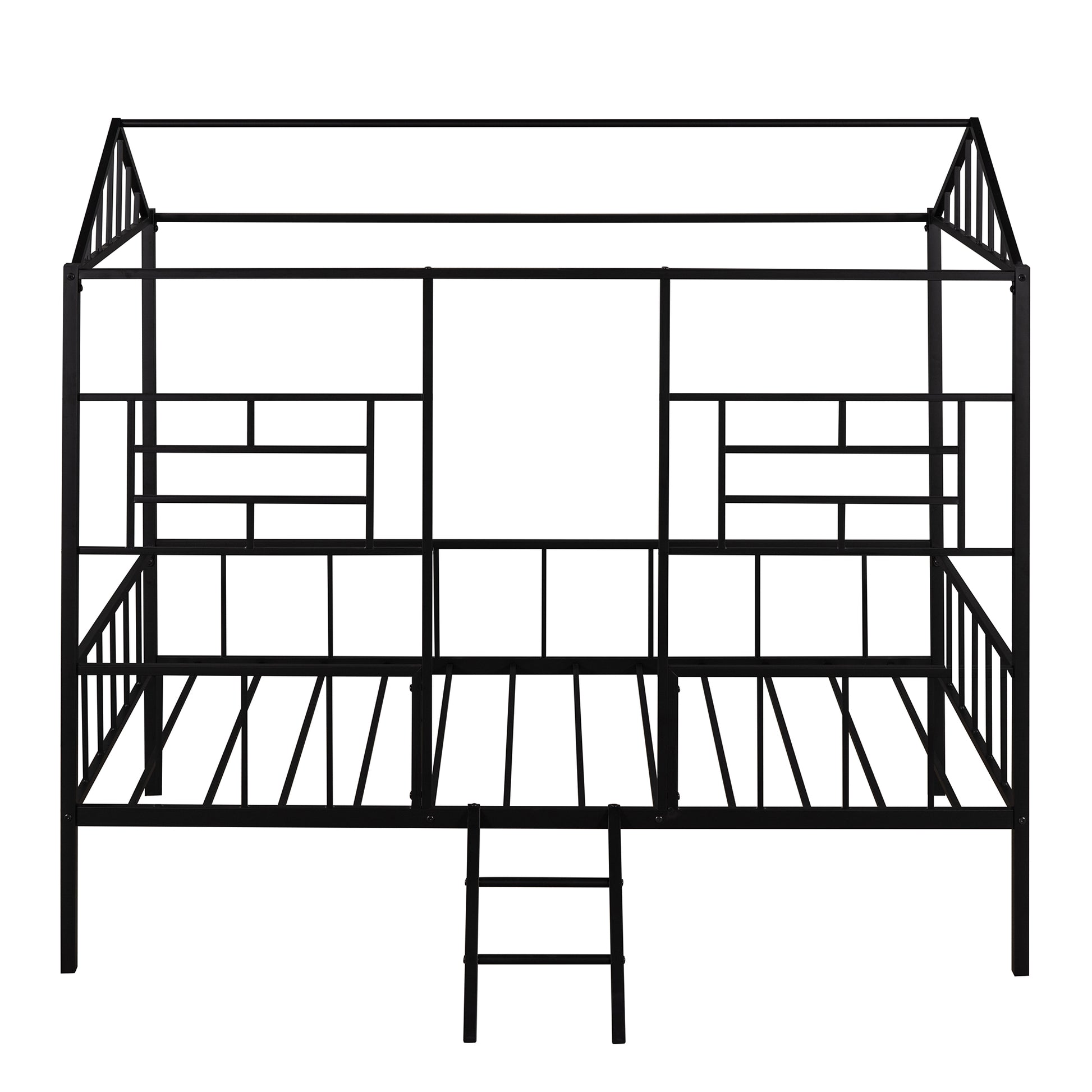 Black metal house frame bed with ladder