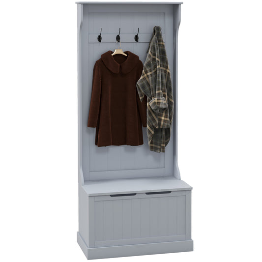 Gray wooden hall tree with storage bench and hooks