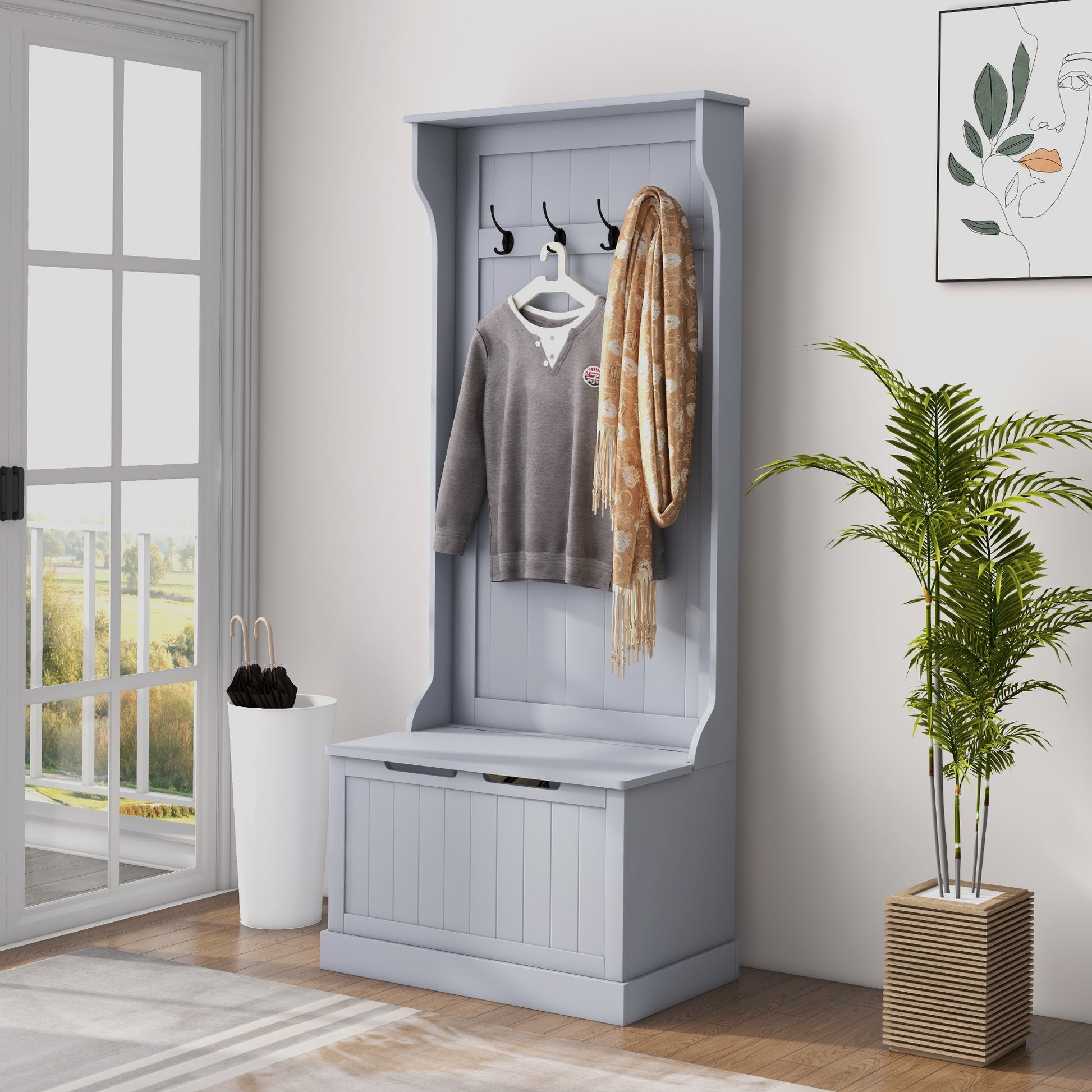 Grey entryway bench with coat rack and storage