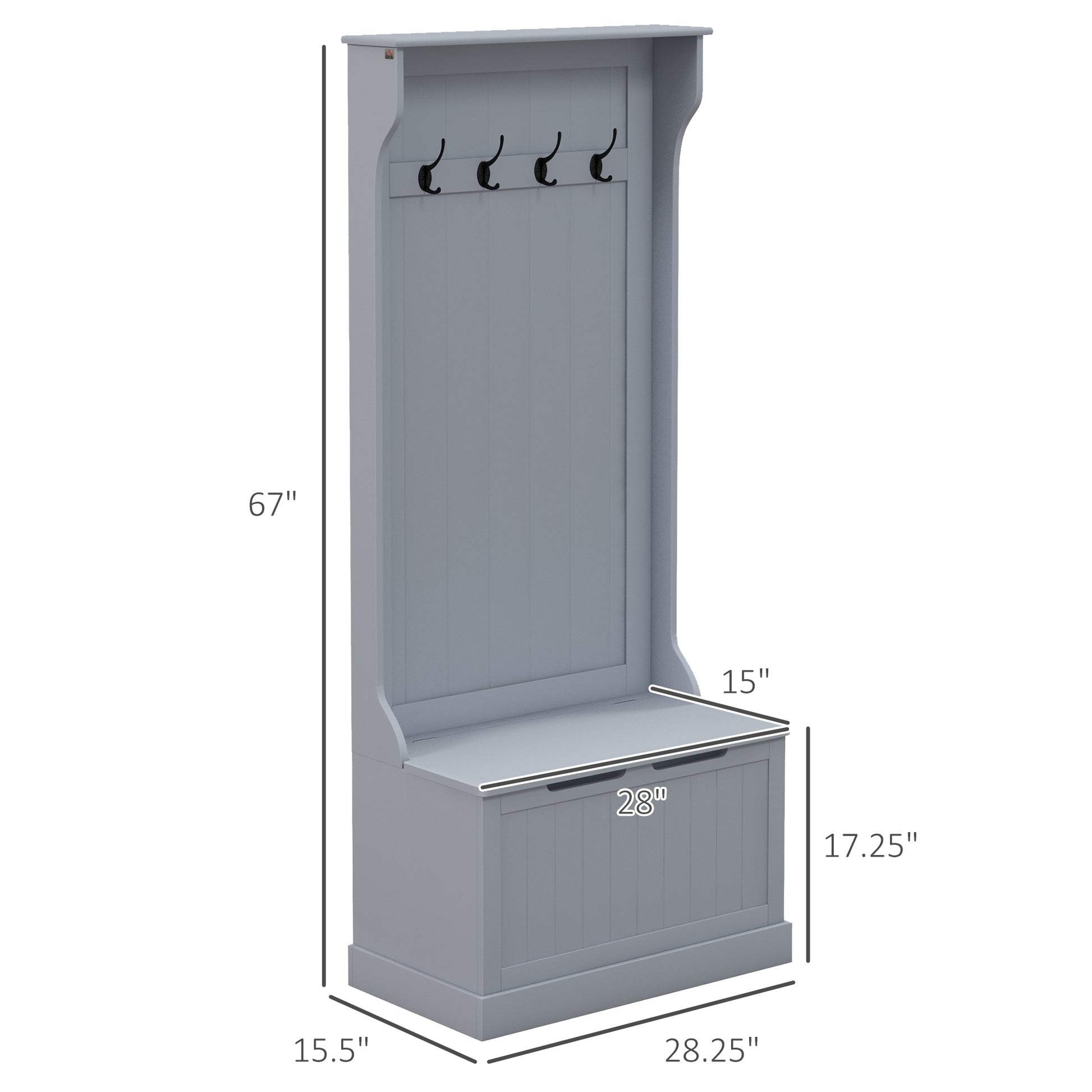 Gray entryway hall tree with storage bench and coat hooks