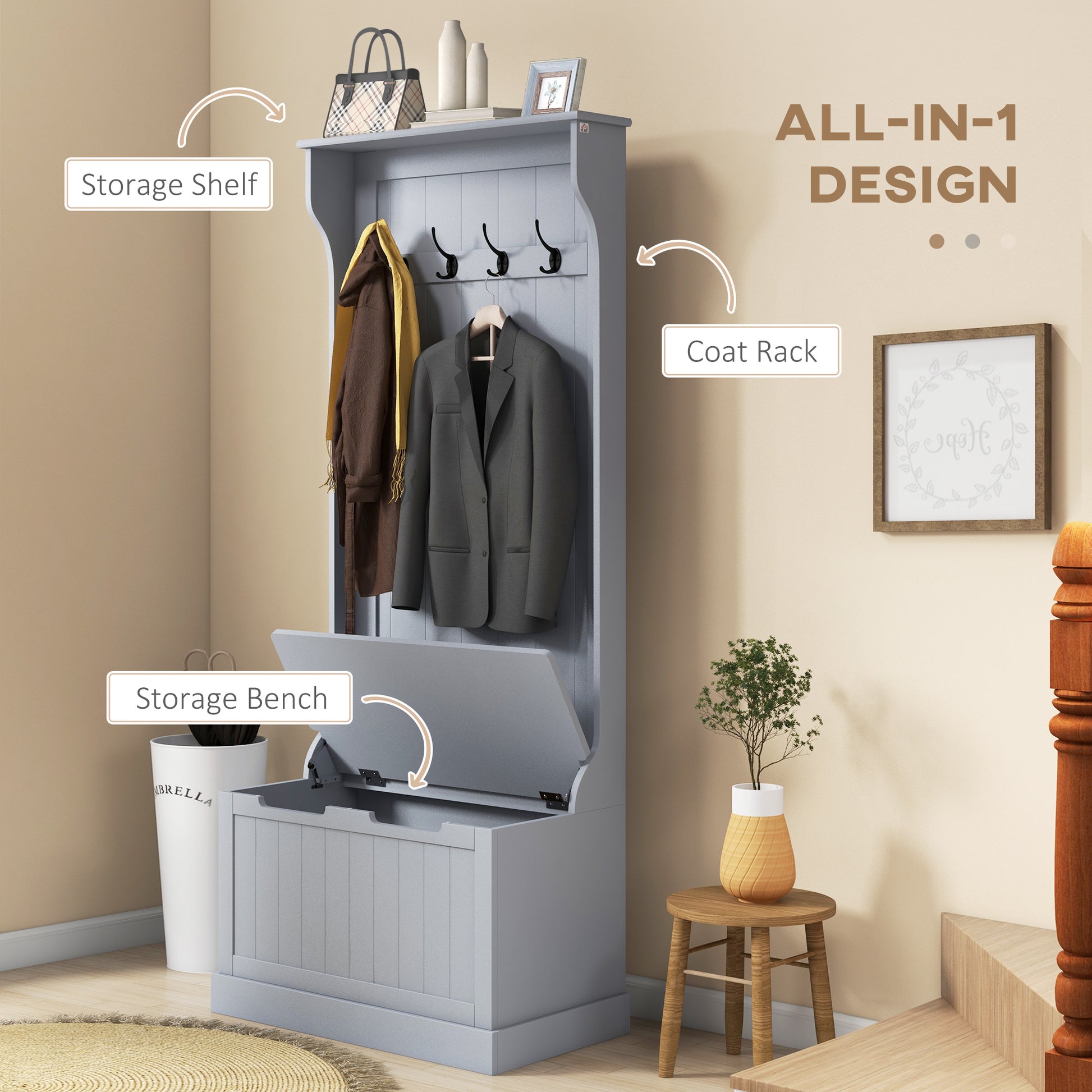 Gray hall tree with storage bench coat hooks and shelf for entryway organization